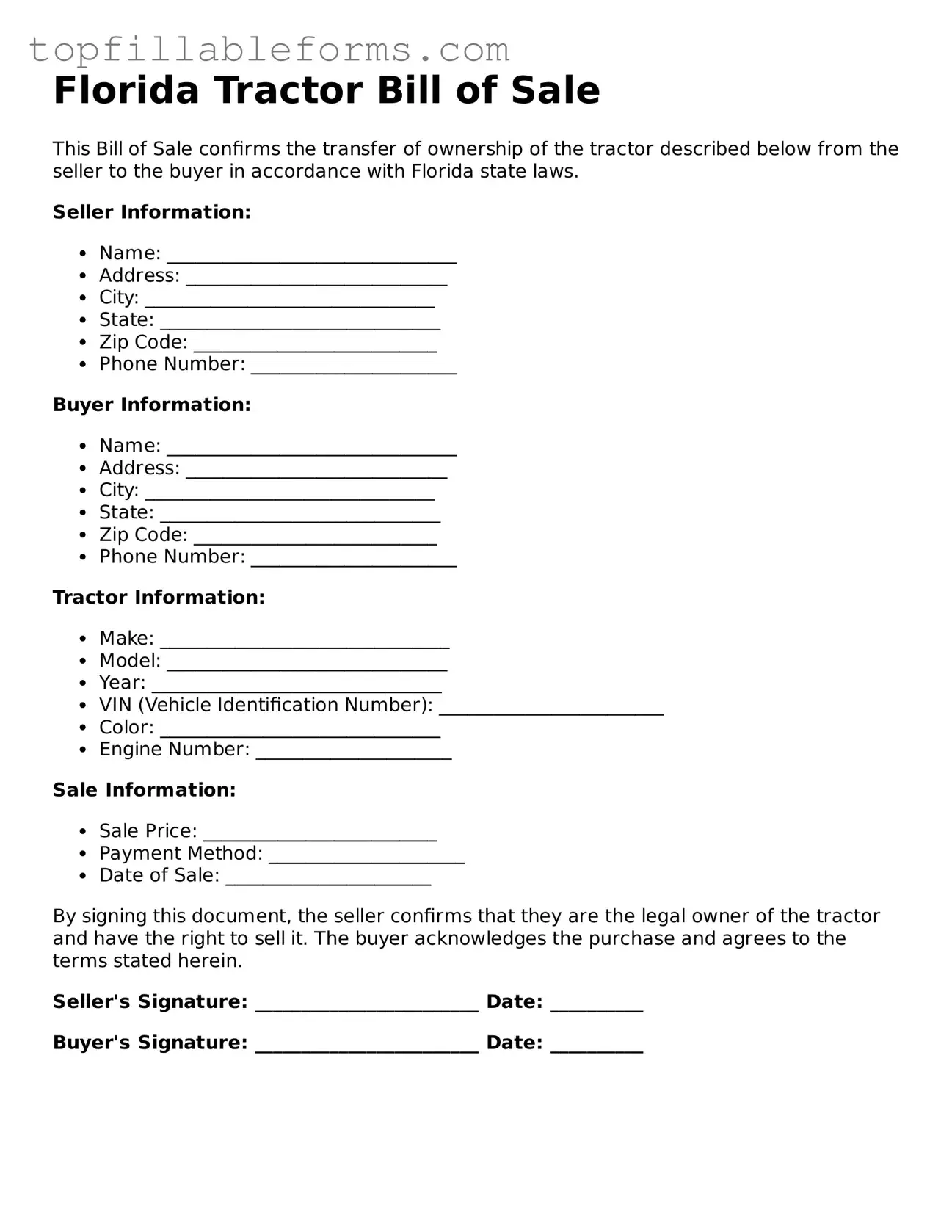 Attorney-Verified  Tractor Bill of Sale Template for Florida