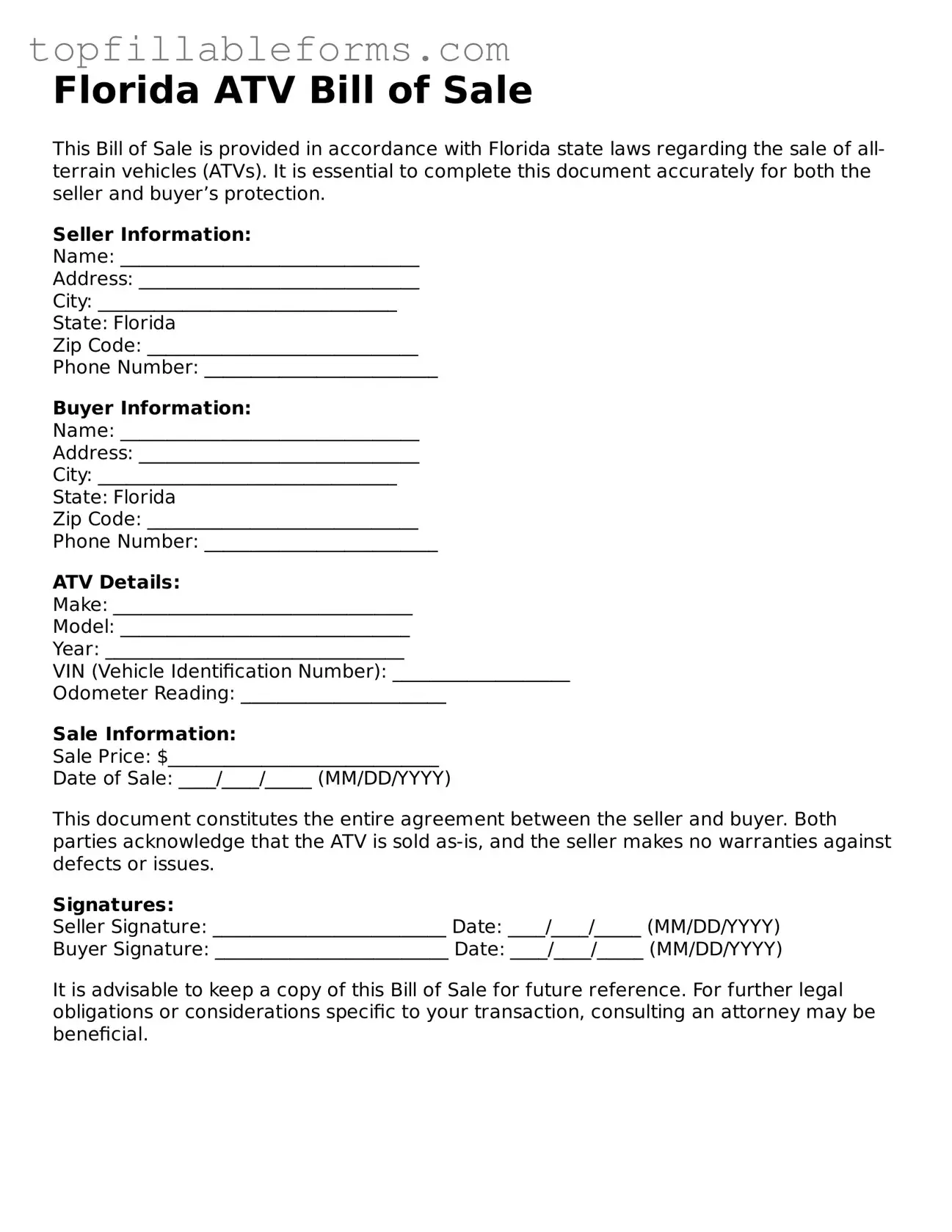 Attorney-Verified  ATV Bill of Sale Template for Florida
