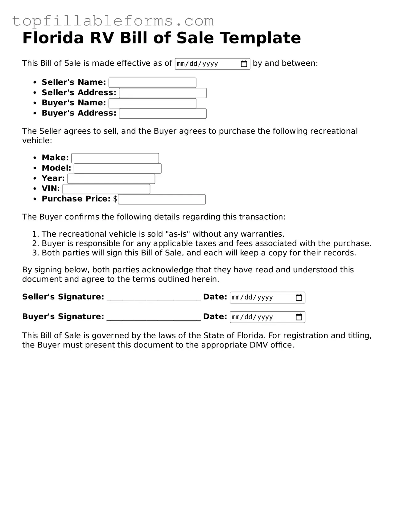 Attorney-Verified RV Bill of Sale Template for Florida