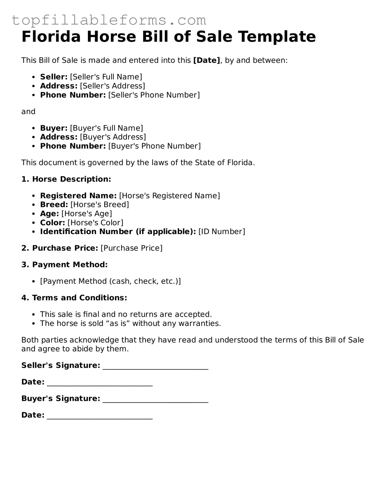 Attorney-Verified  Horse Bill of Sale Template for Florida