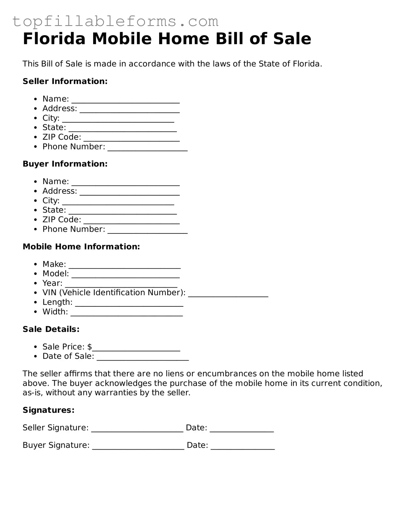 Attorney-Verified  Mobile Home Bill of Sale Template for Florida