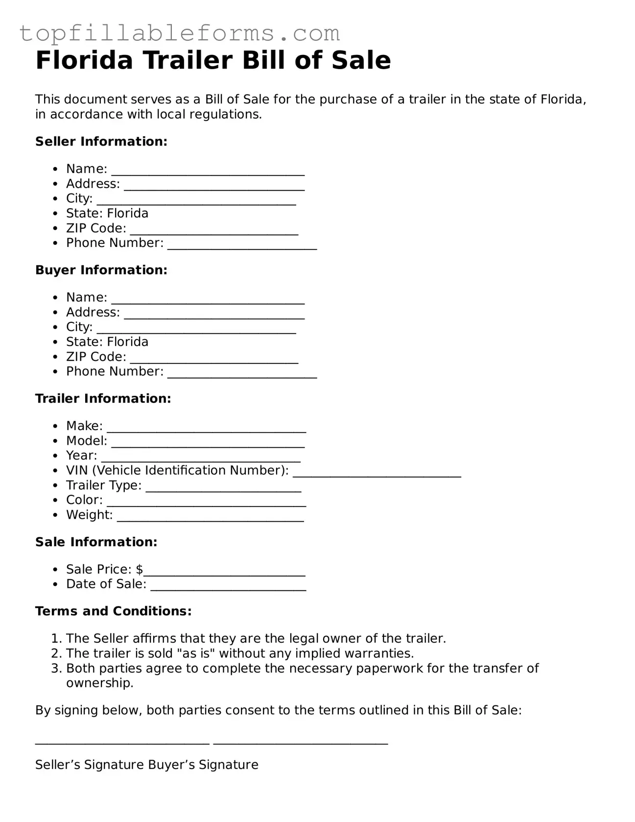 Attorney-Verified  Trailer Bill of Sale Template for Florida