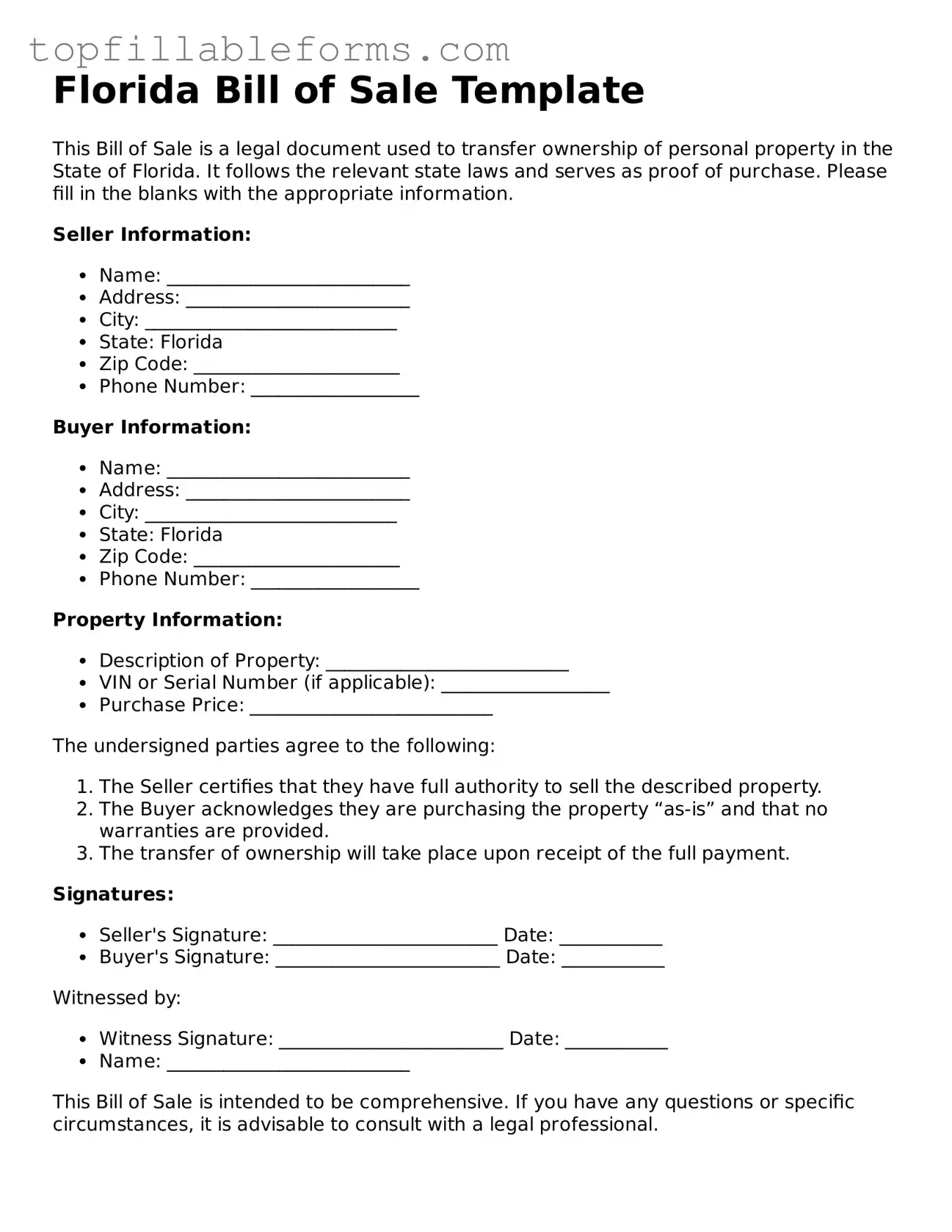 Attorney-Verified  Bill of Sale Template for Florida