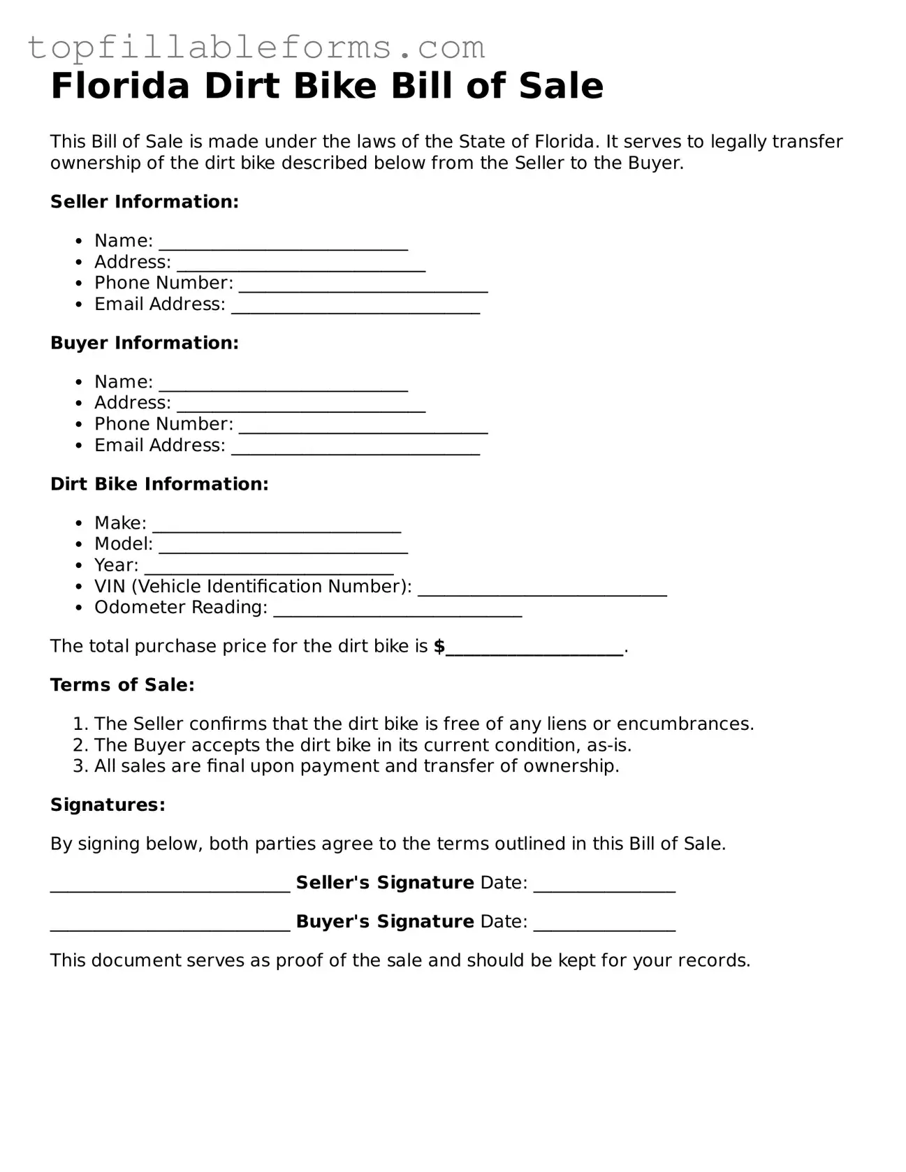 Attorney-Verified  Dirt Bike Bill of Sale Template for Florida