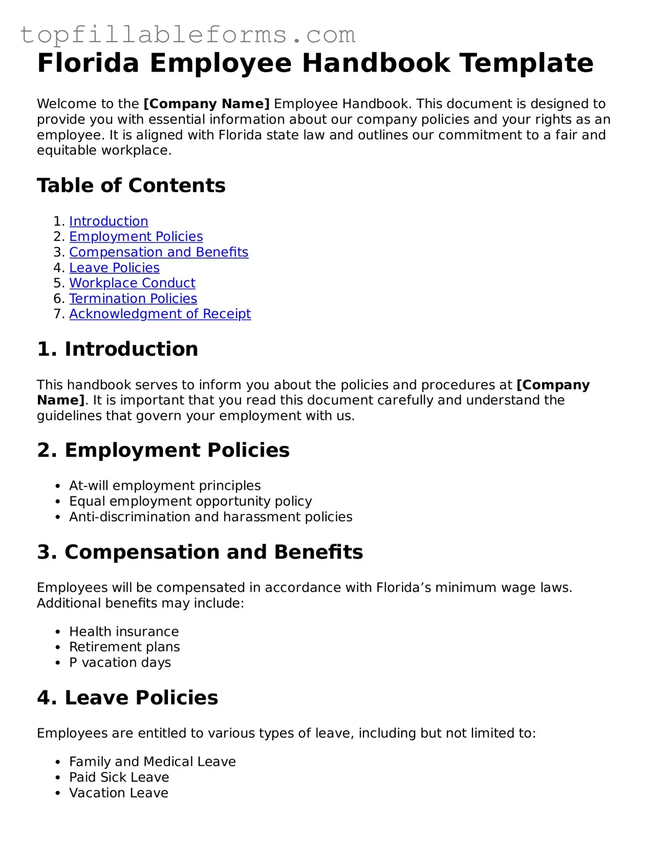 Attorney-Verified  Employee Handbook Template for Florida