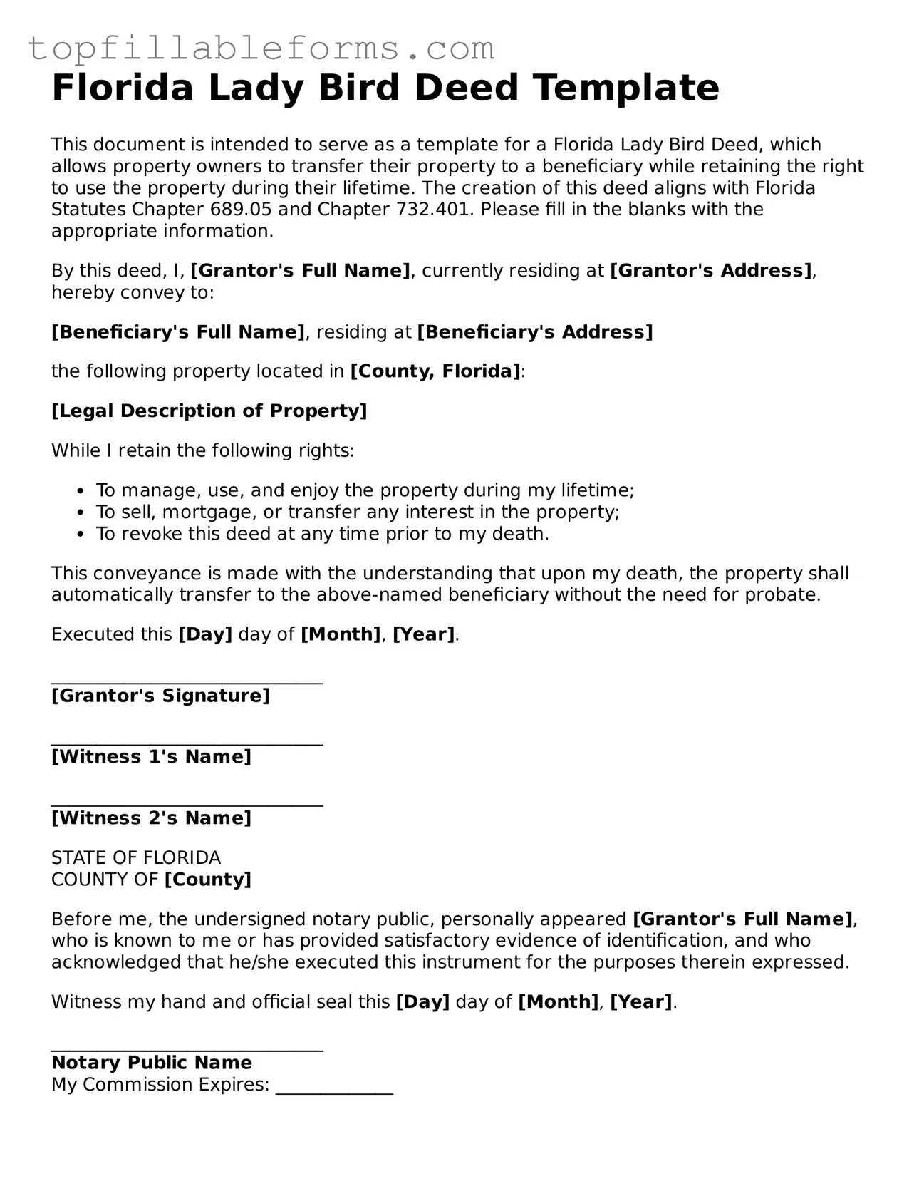 Attorney-Verified  Lady Bird Deed Template for Florida
