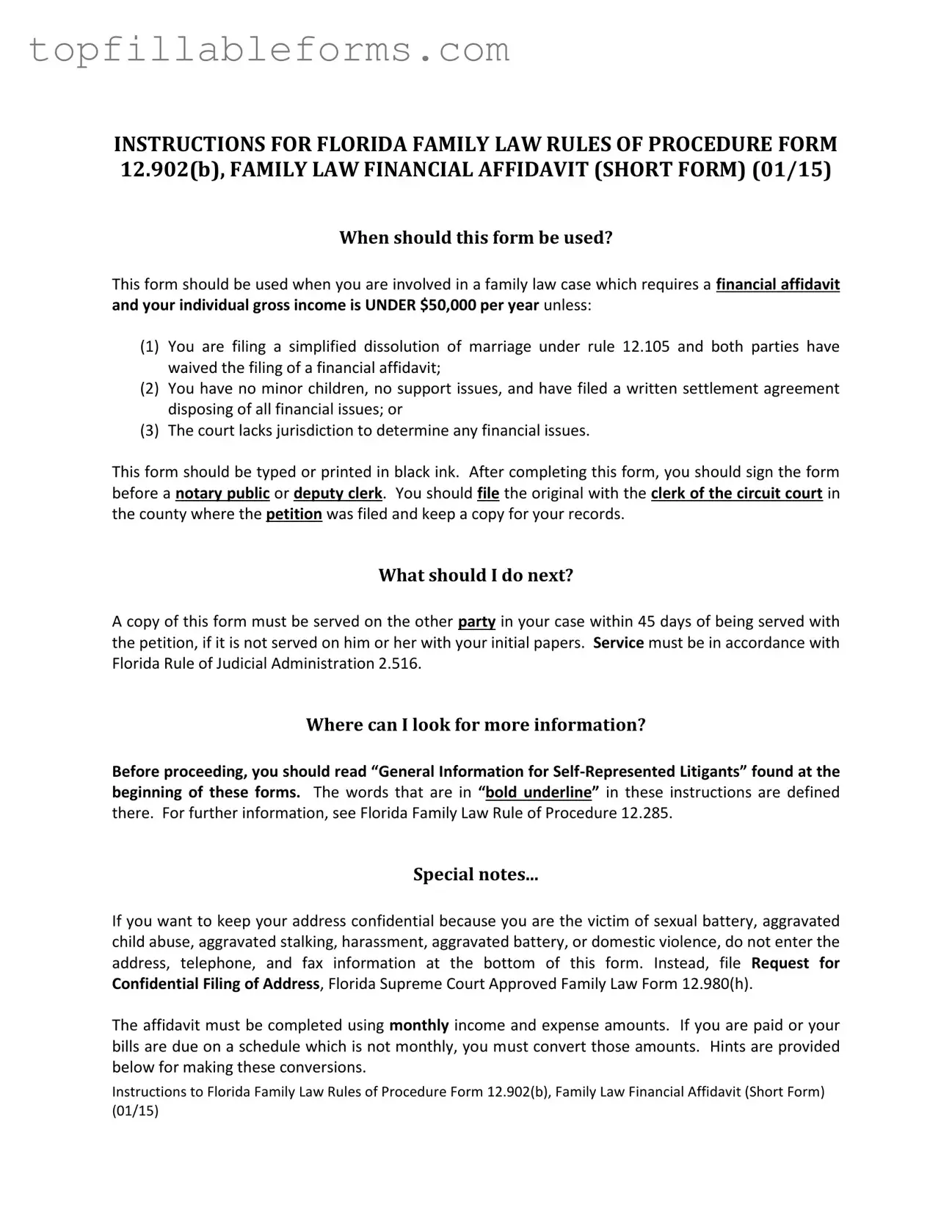 Printable Florida Financial Affidavit Short 12.902(b) Form in PDF