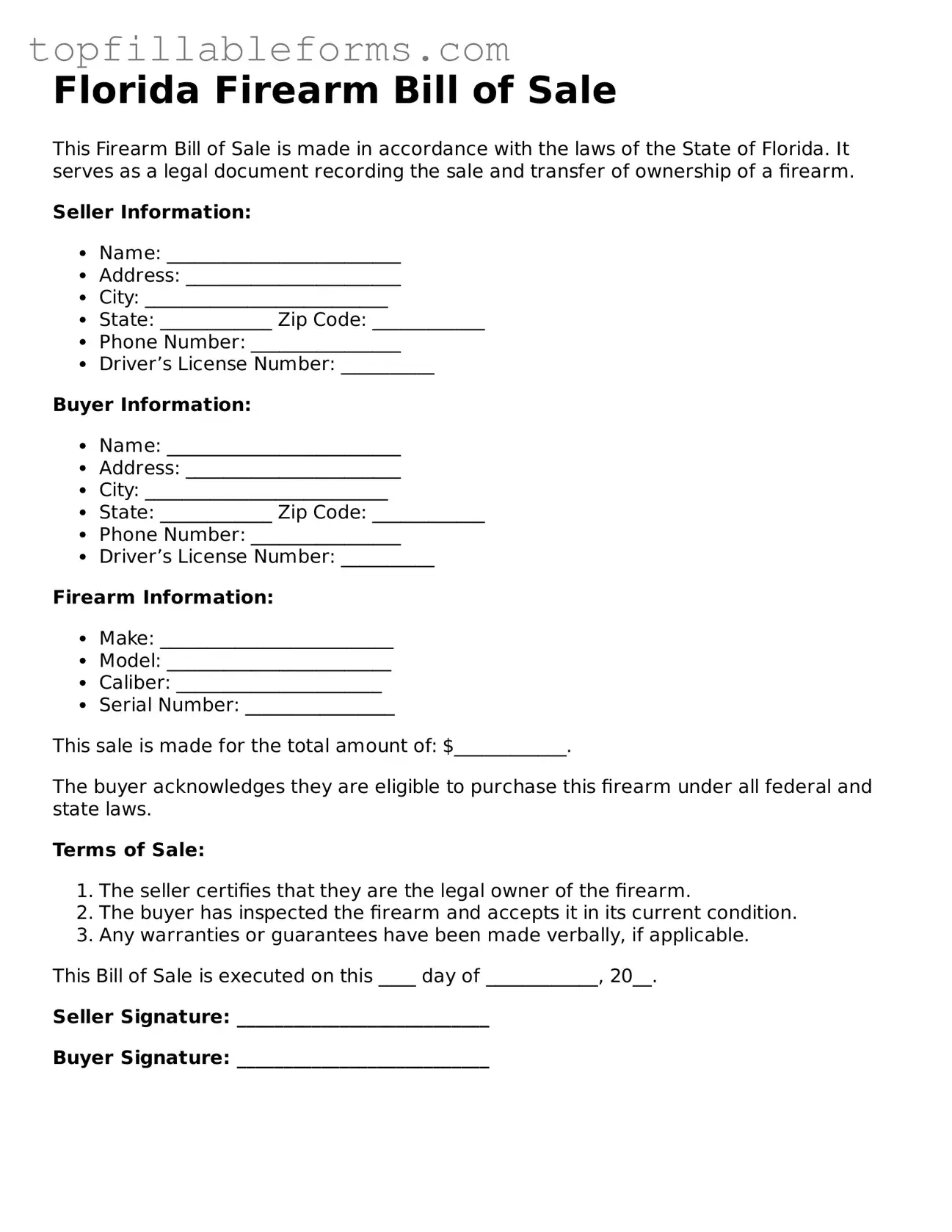 Attorney-Verified  Firearm Bill of Sale Template for Florida
