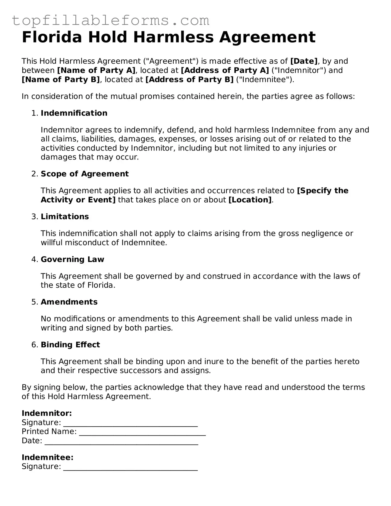 Attorney-Verified  Hold Harmless Agreement Template for Florida