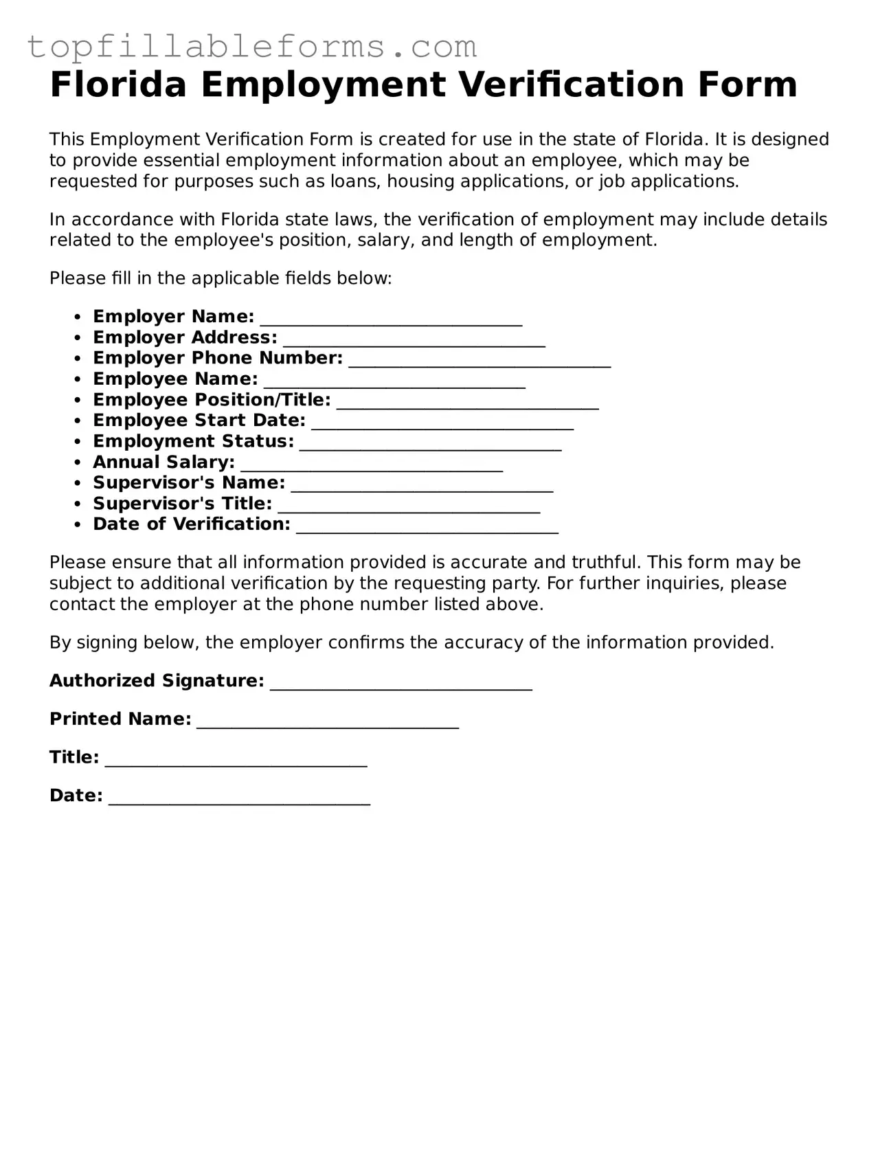 Attorney-Verified  Employment Verification Template for Florida