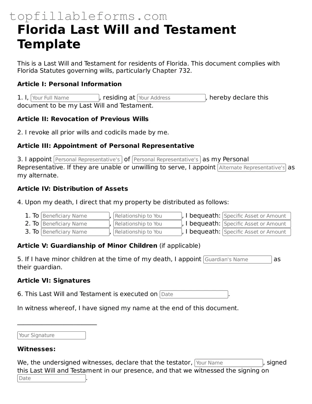 Attorney-Verified  Last Will and Testament Template for Florida