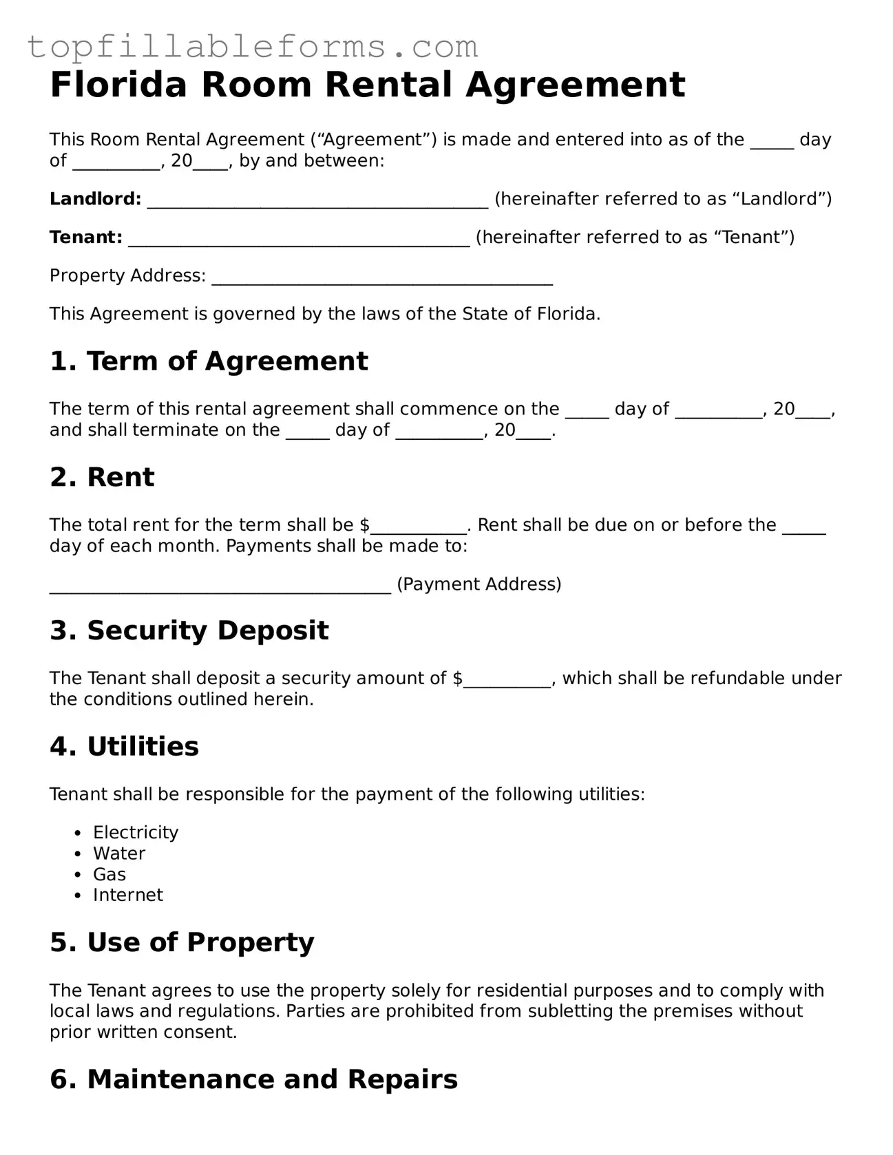 Attorney-Verified  Room Rental Agreement Template for Florida