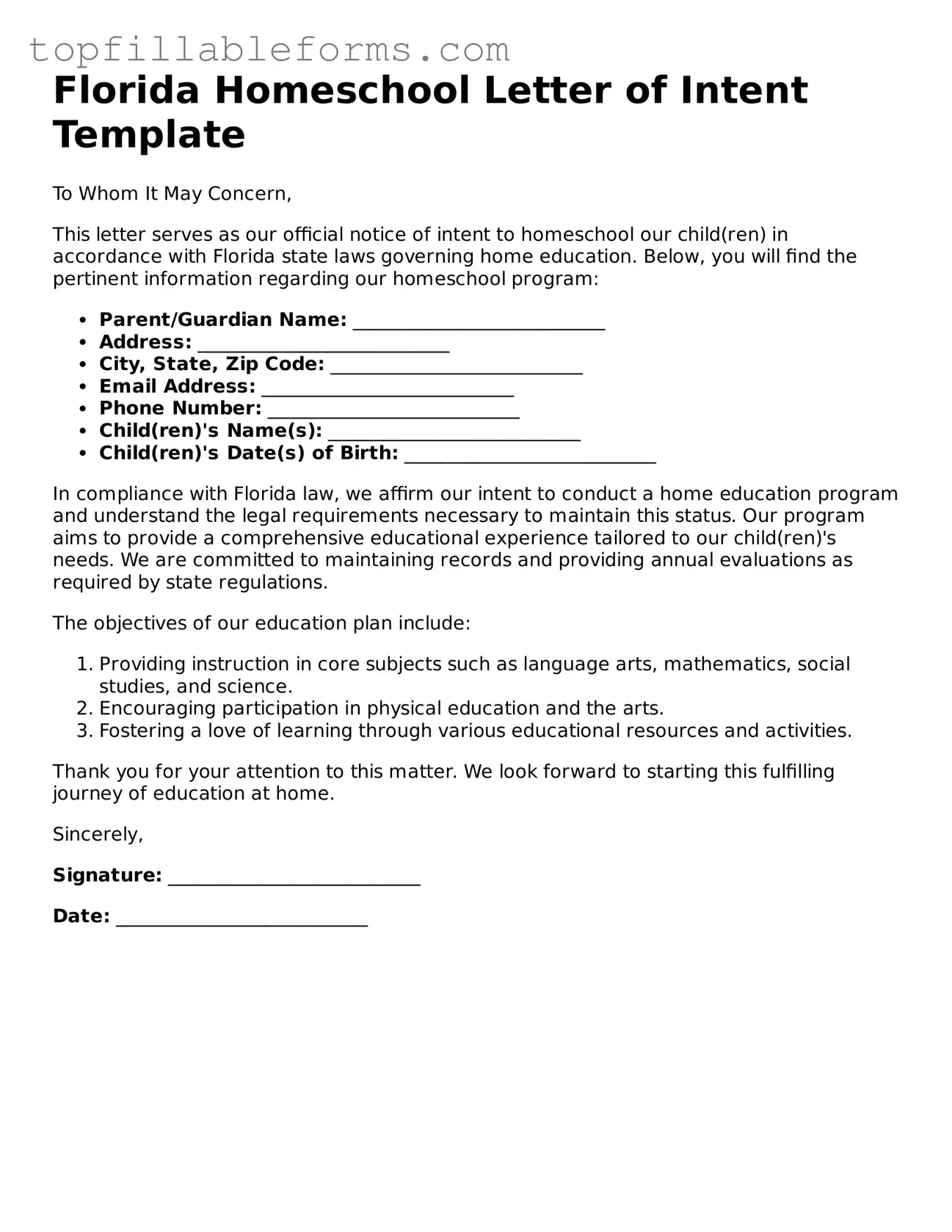 Attorney-Verified  Homeschool Letter of Intent Template for Florida