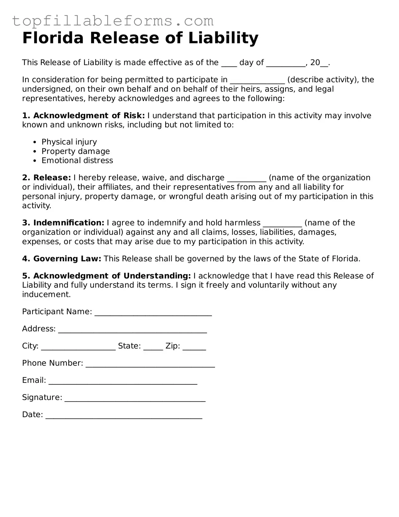 Attorney-Verified  Release of Liability Template for Florida