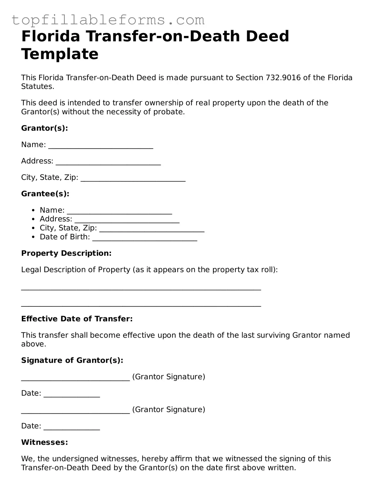 Attorney-Verified  Transfer-on-Death Deed Template for Florida