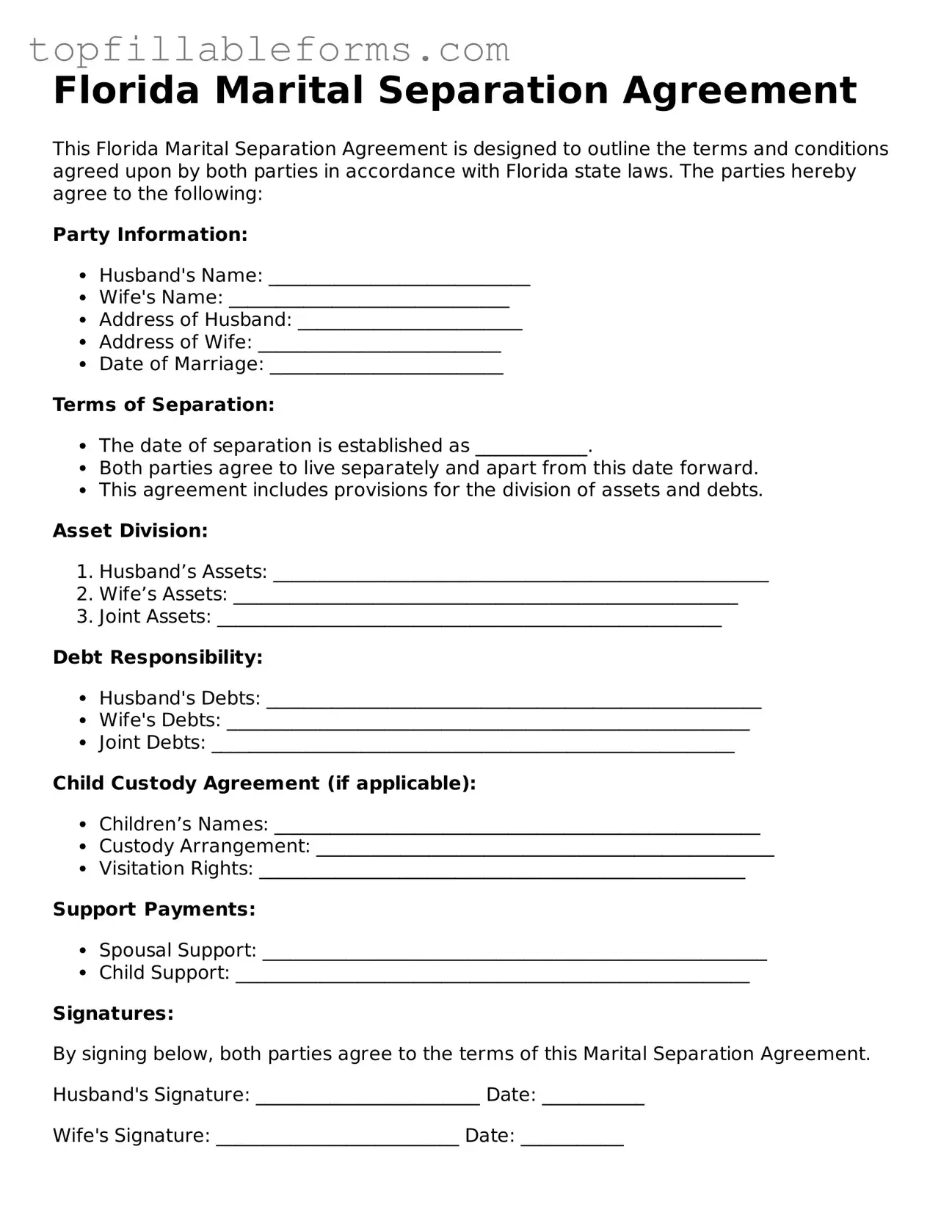 Attorney-Verified  Marital Separation Agreement Template for Florida