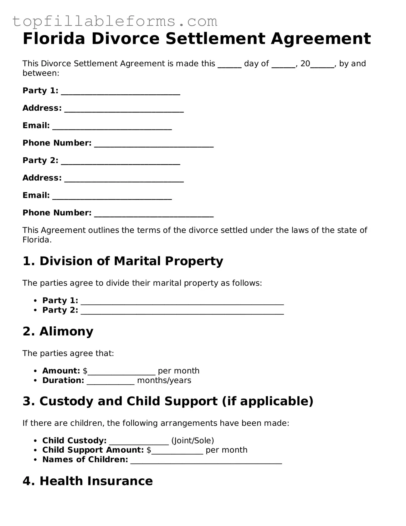 Attorney-Verified  Divorce Settlement Agreement Template for Florida