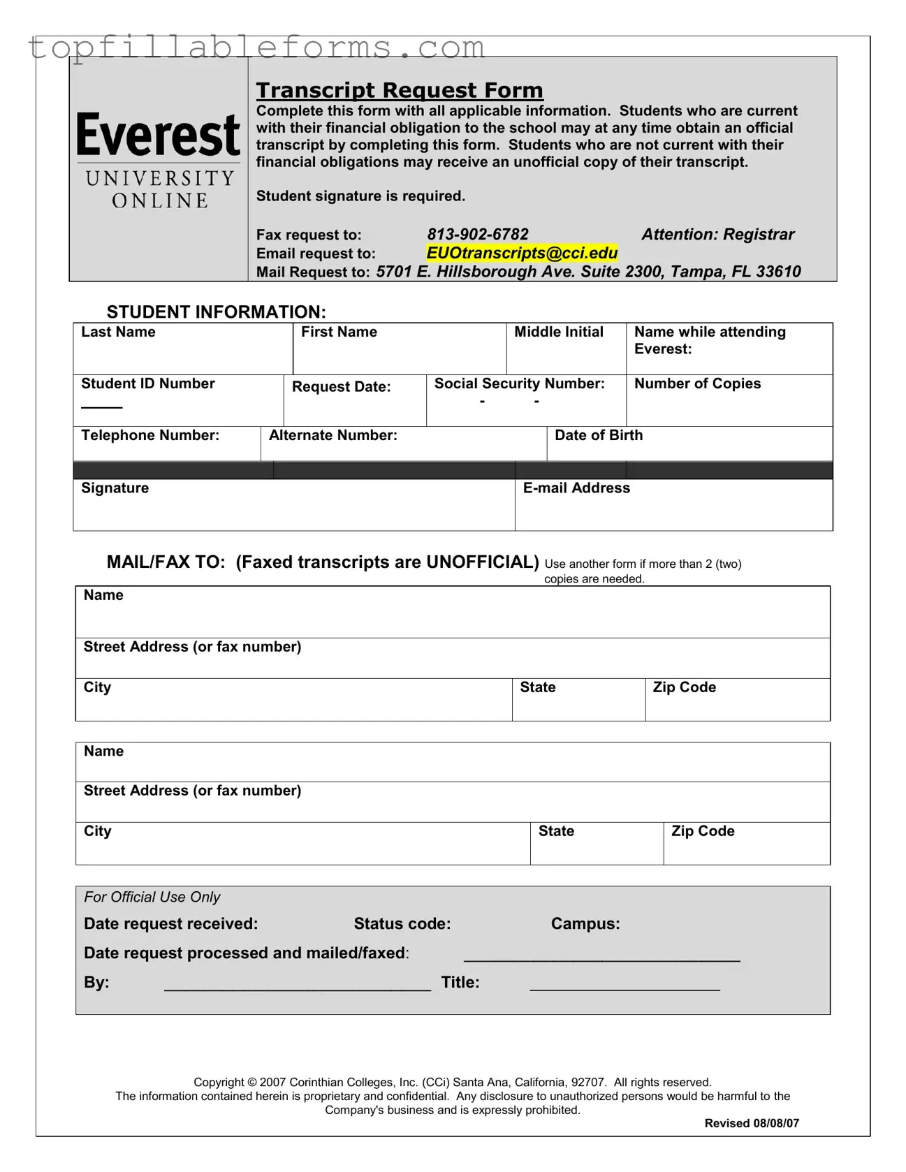 Printable Everest University Transcript Form in PDF