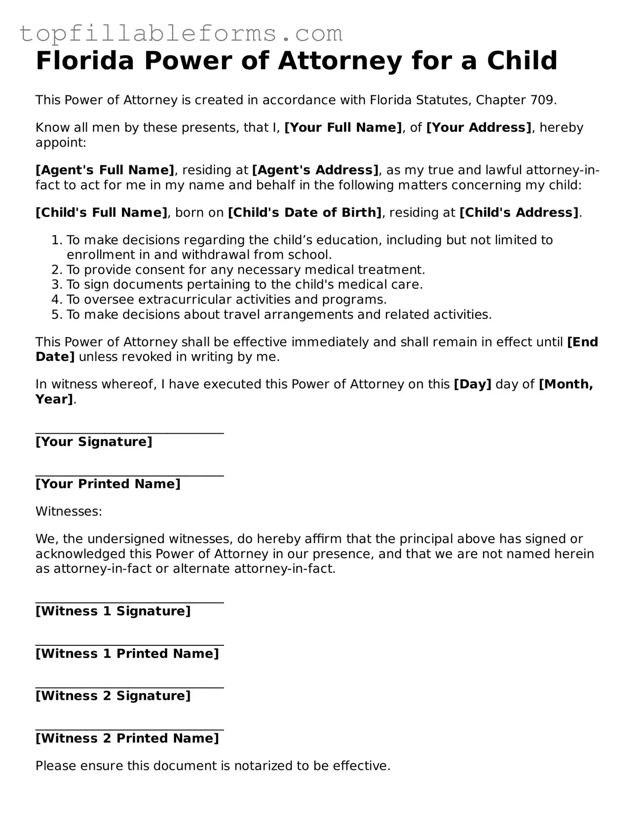 Attorney-Verified  Power of Attorney for a Child Template for Florida
