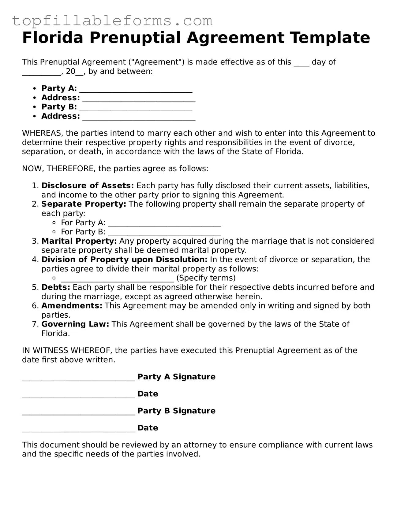 Attorney-Verified  Prenuptial Agreement Template for Florida