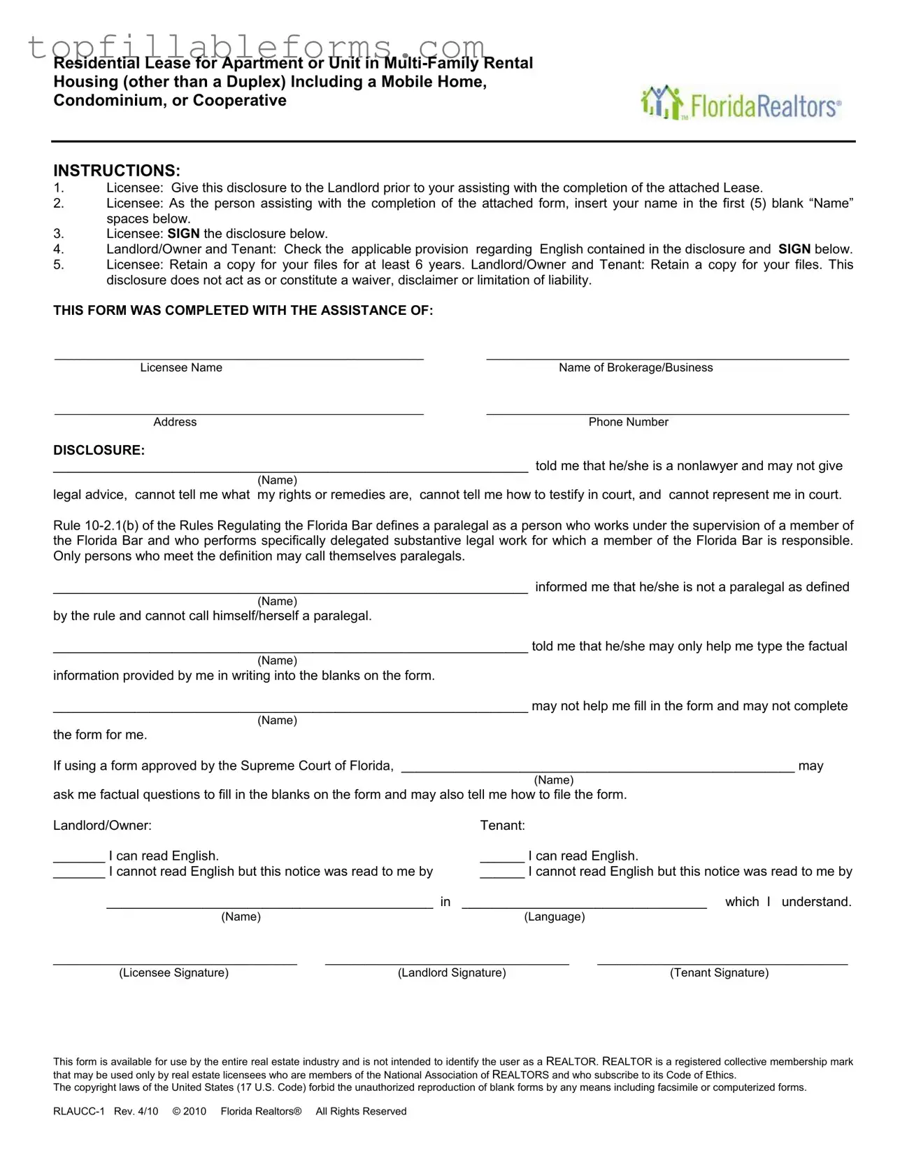 Printable Florida Realtors Residential Lease Form in PDF