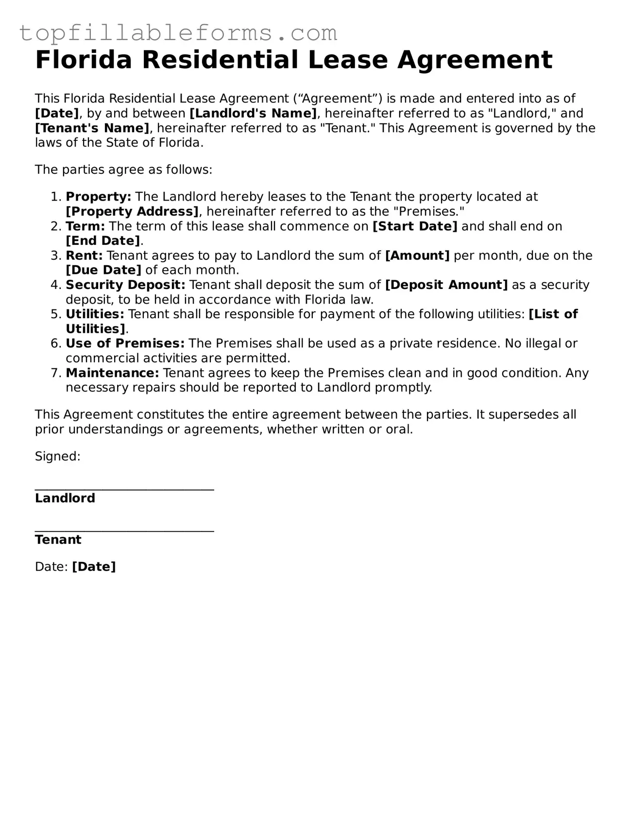 Attorney-Verified  Residential Lease Agreement Template for Florida