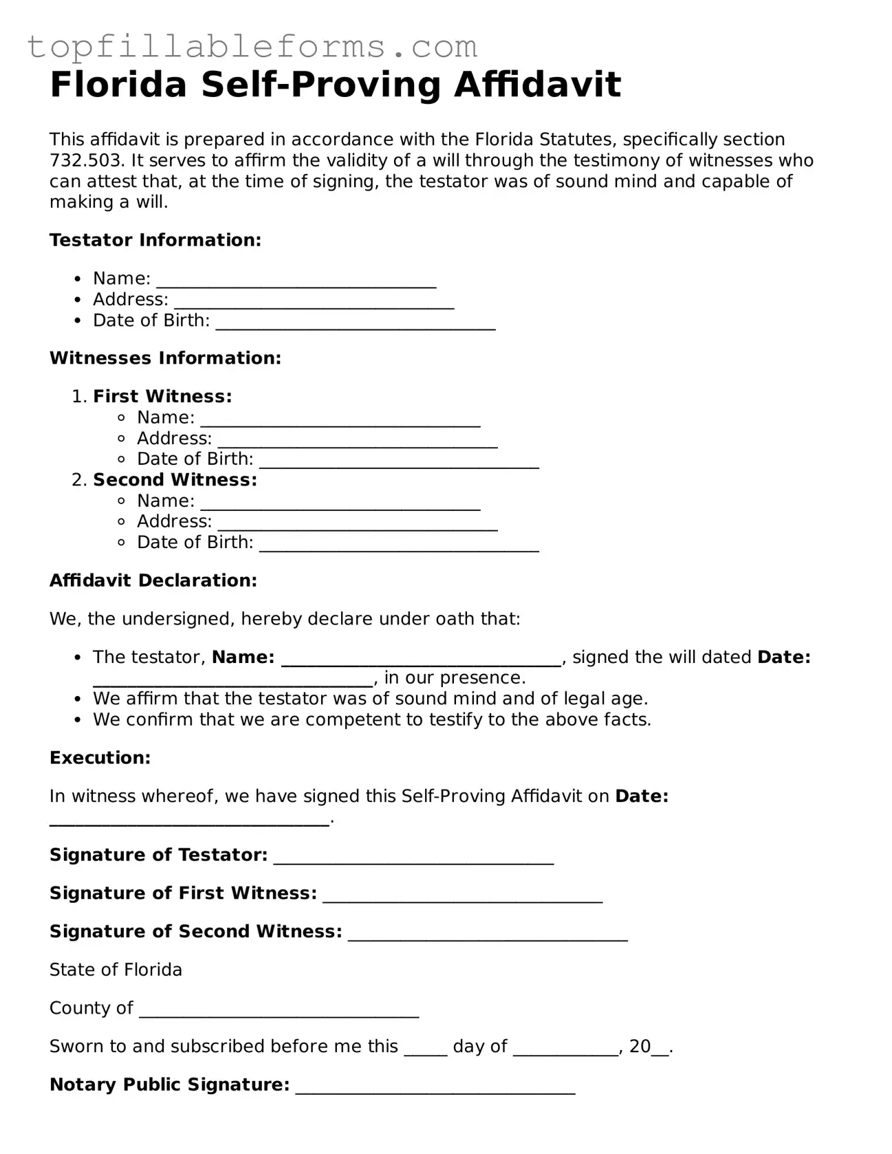 Attorney-Verified  Self-Proving Affidavit Template for Florida