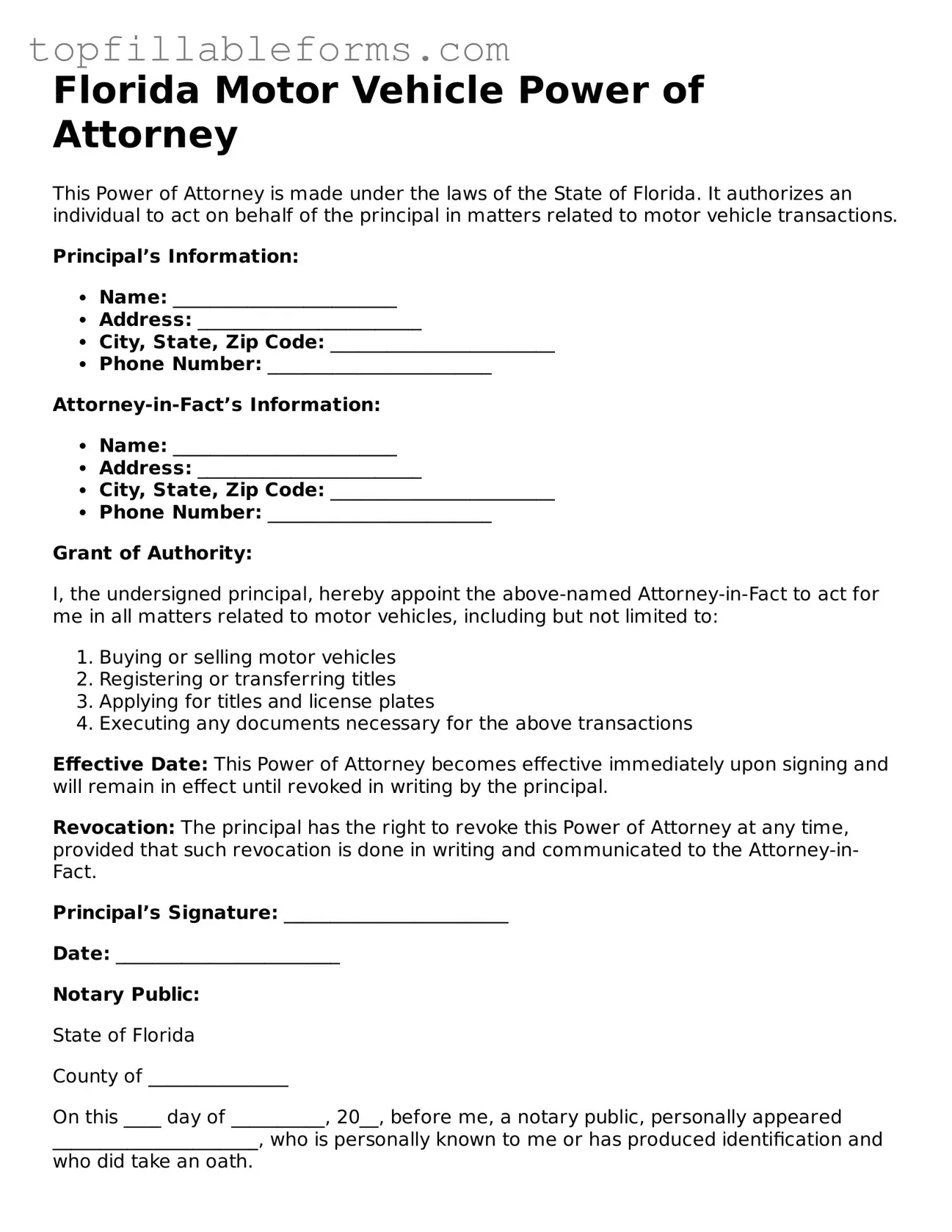 Attorney-Verified  Motor Vehicle Power of Attorney Template for Florida