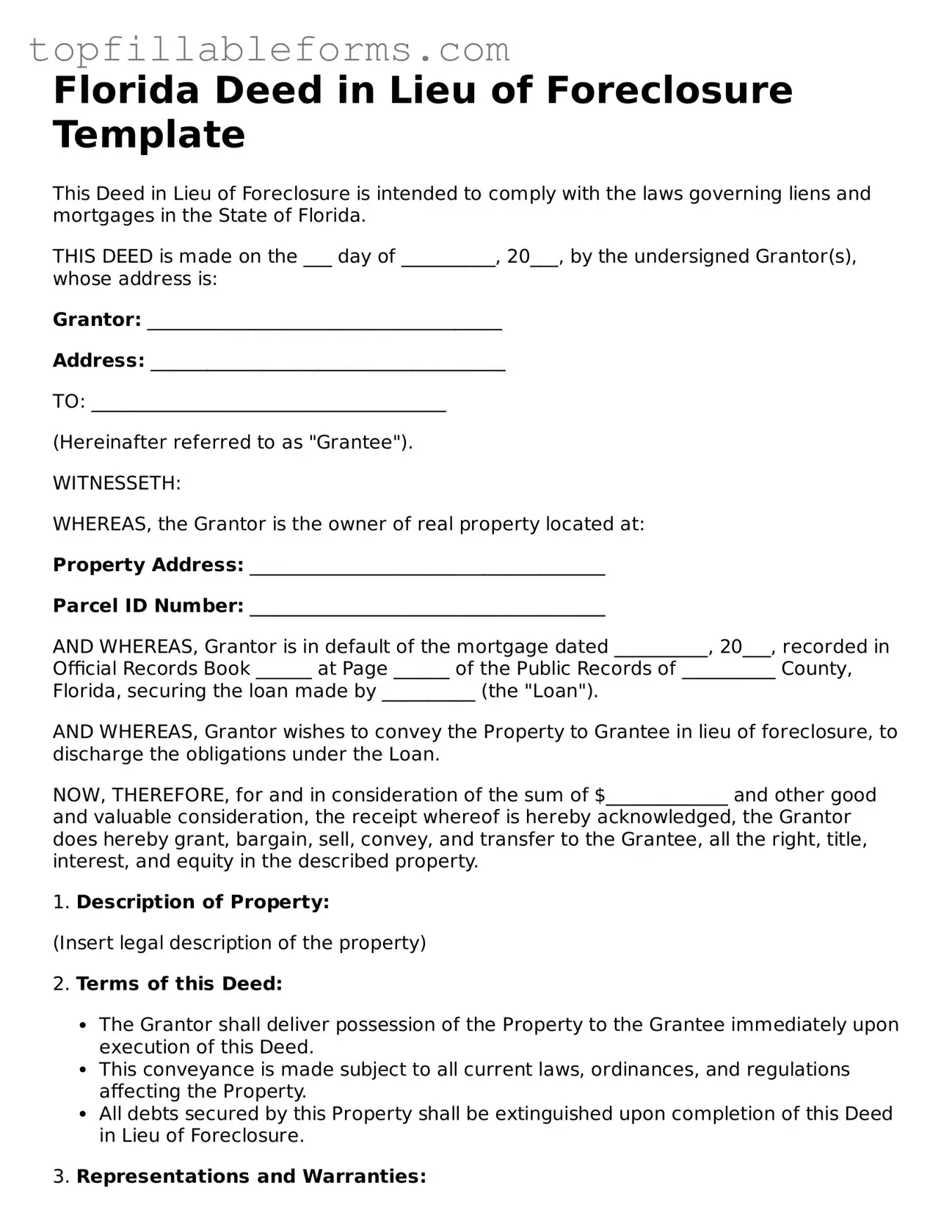 Attorney-Verified  Deed in Lieu of Foreclosure Template for Florida