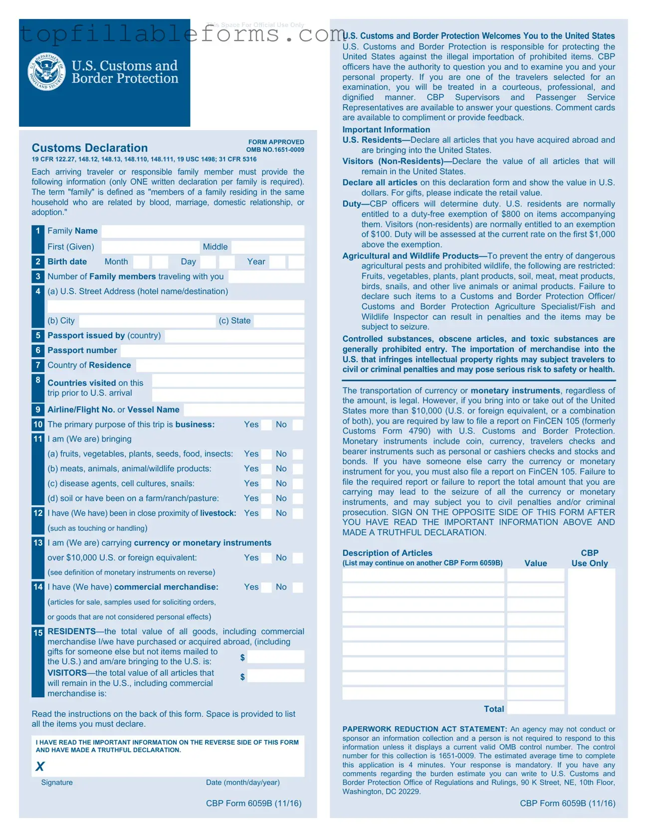 Printable CBP 6059B Form in PDF