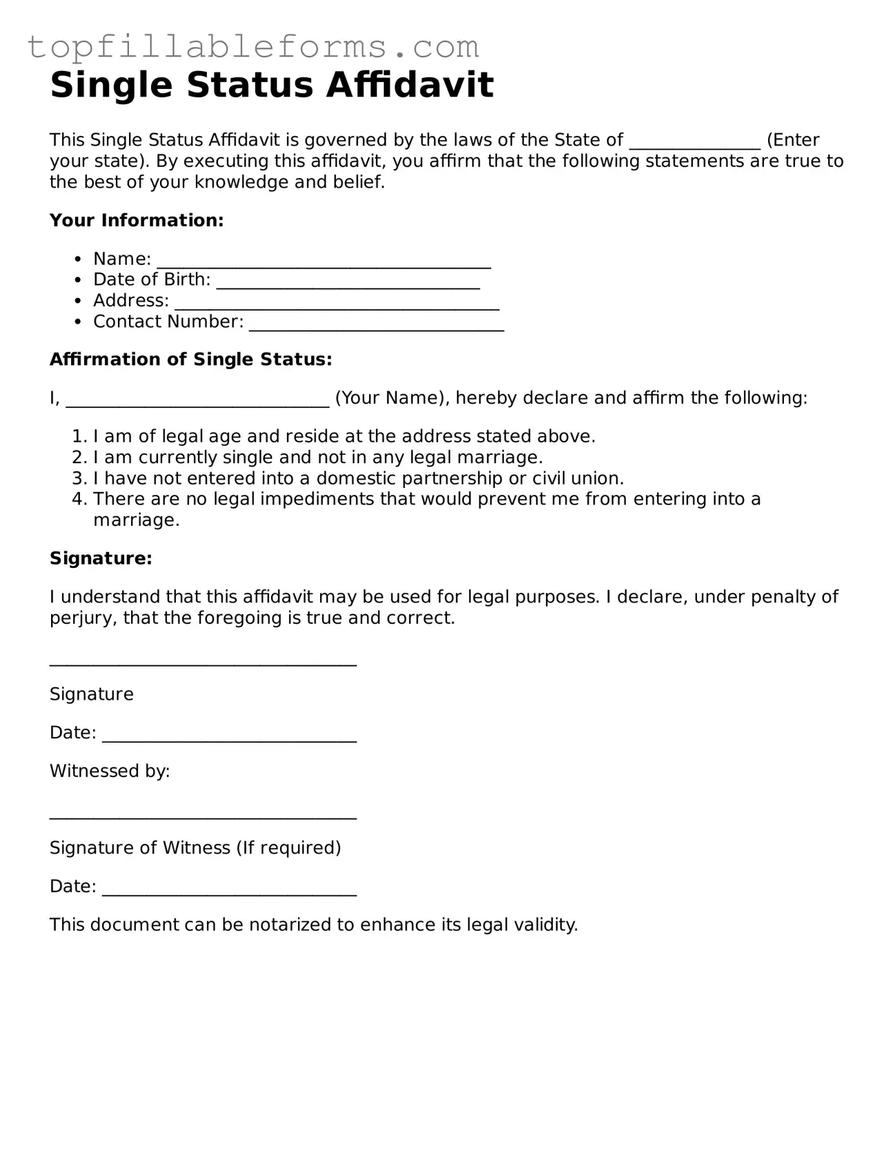 Free Single Status Affidavit Form