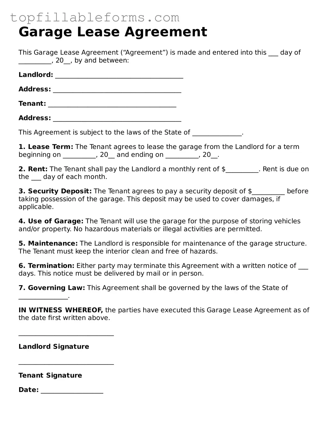 Free Garage Lease Agreement Form