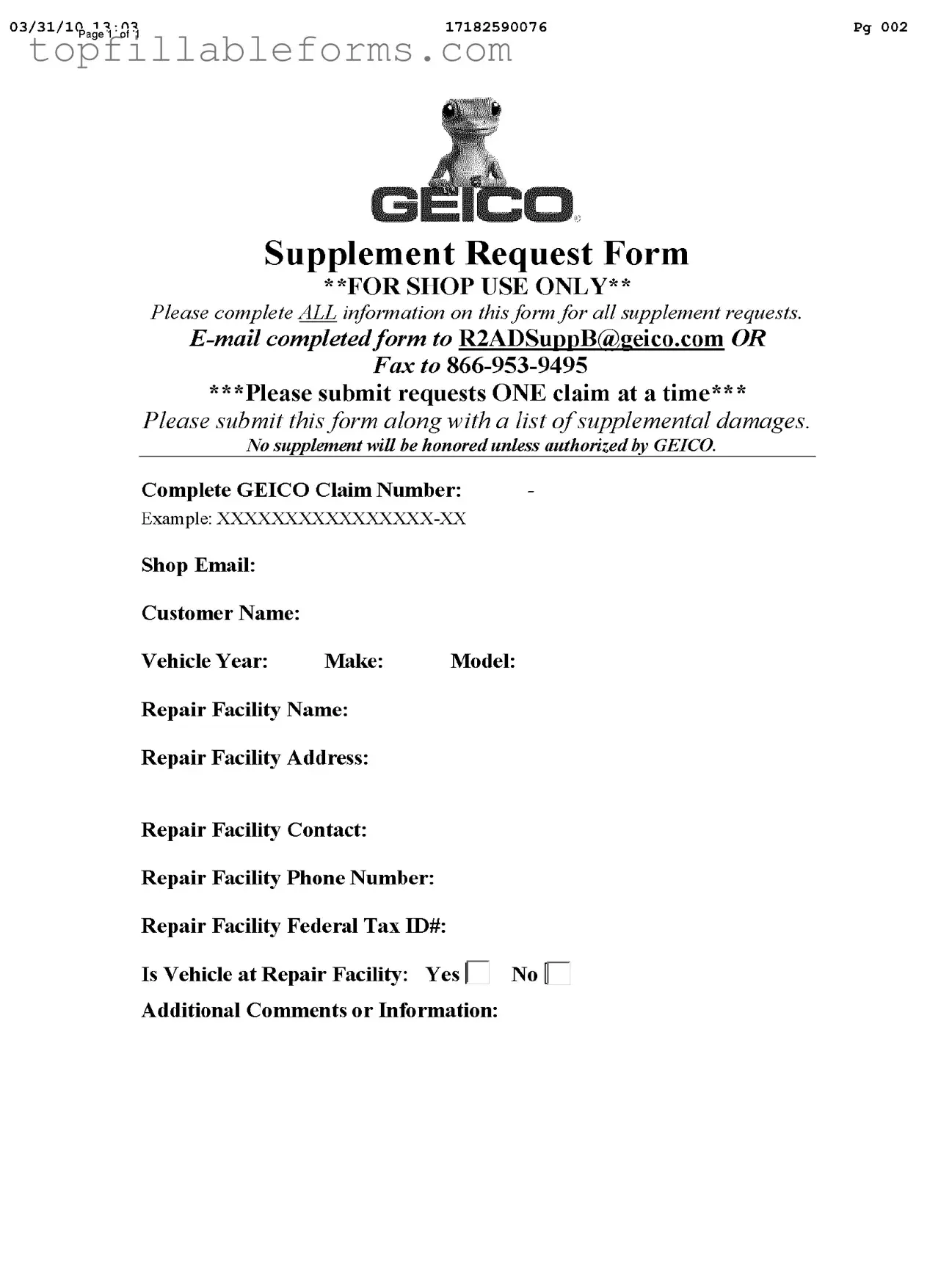 Printable Geico Supplement Request Form in PDF