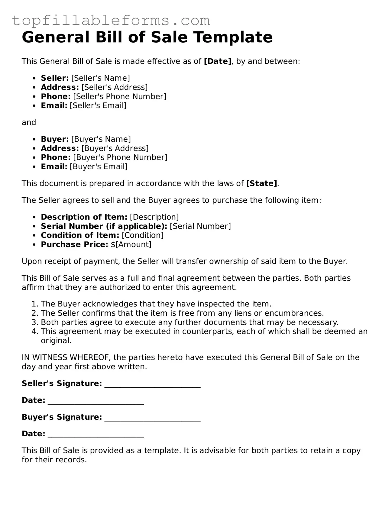 Free General Bill of Sale Form