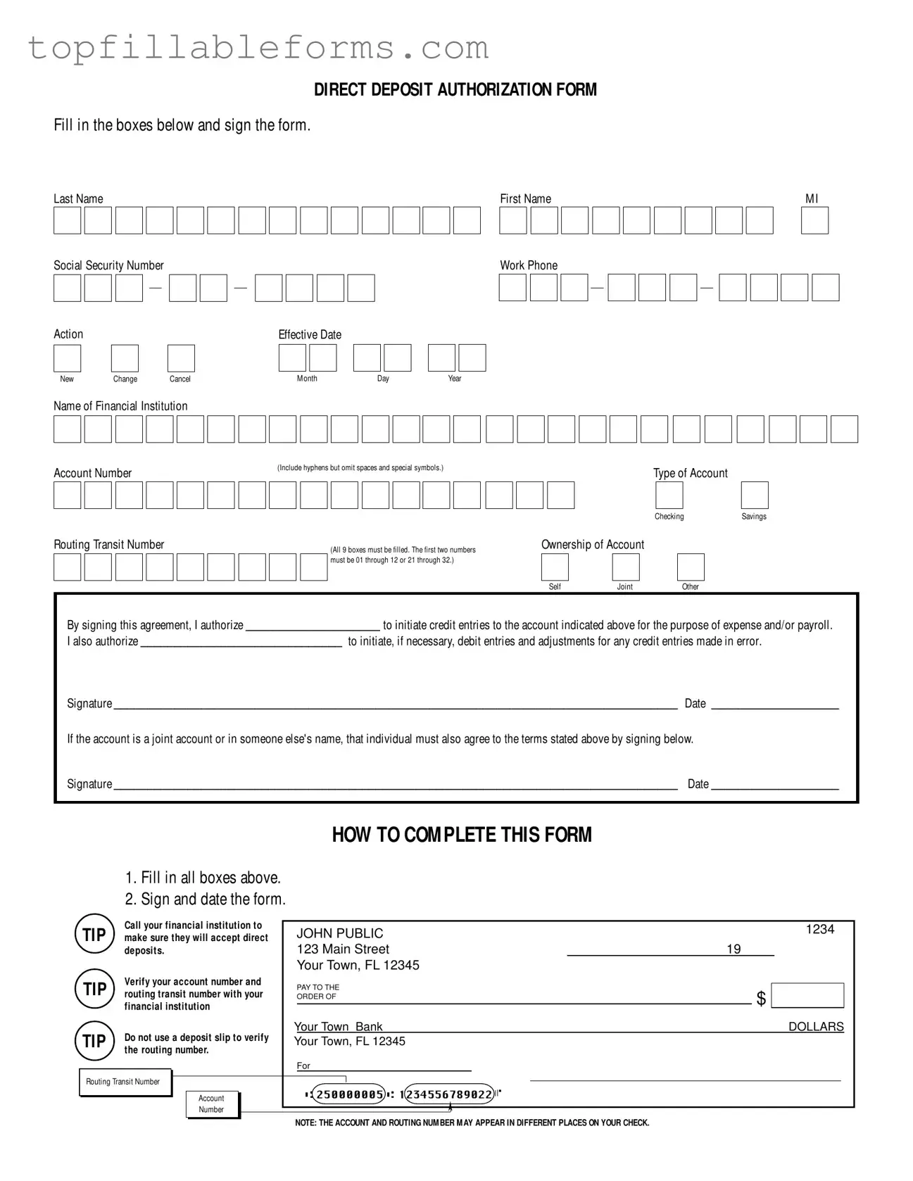 Printable Generic Direct Deposit Form in PDF