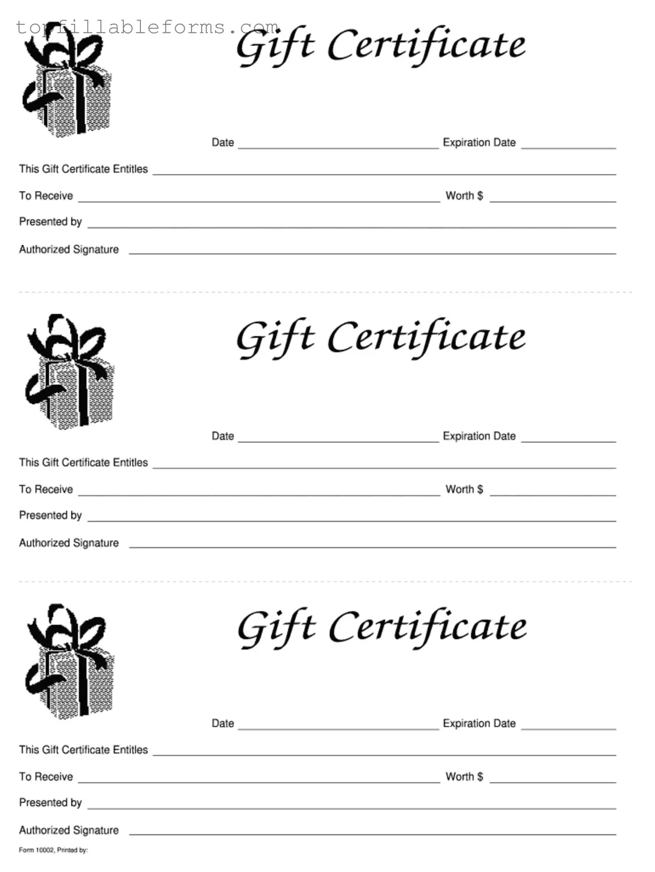 Printable Gift Certificate Form in PDF