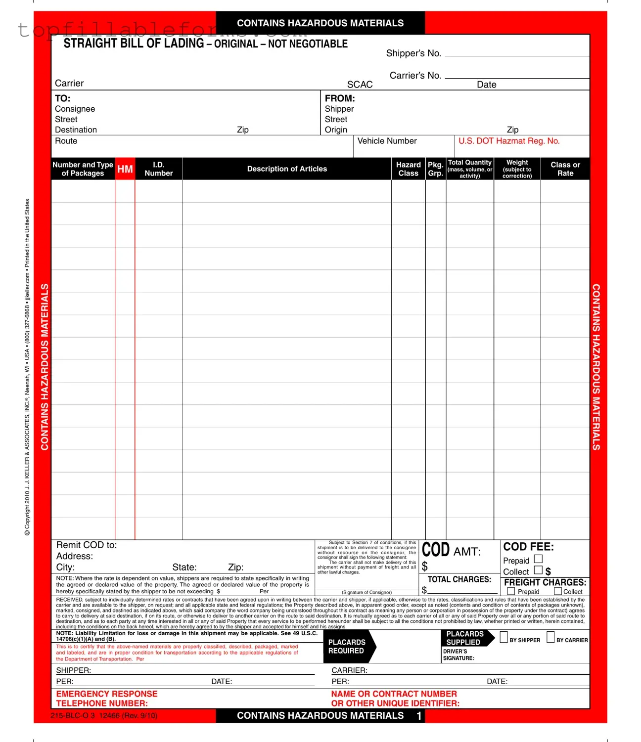 Printable Hazard Bill Of Ladden Form in PDF