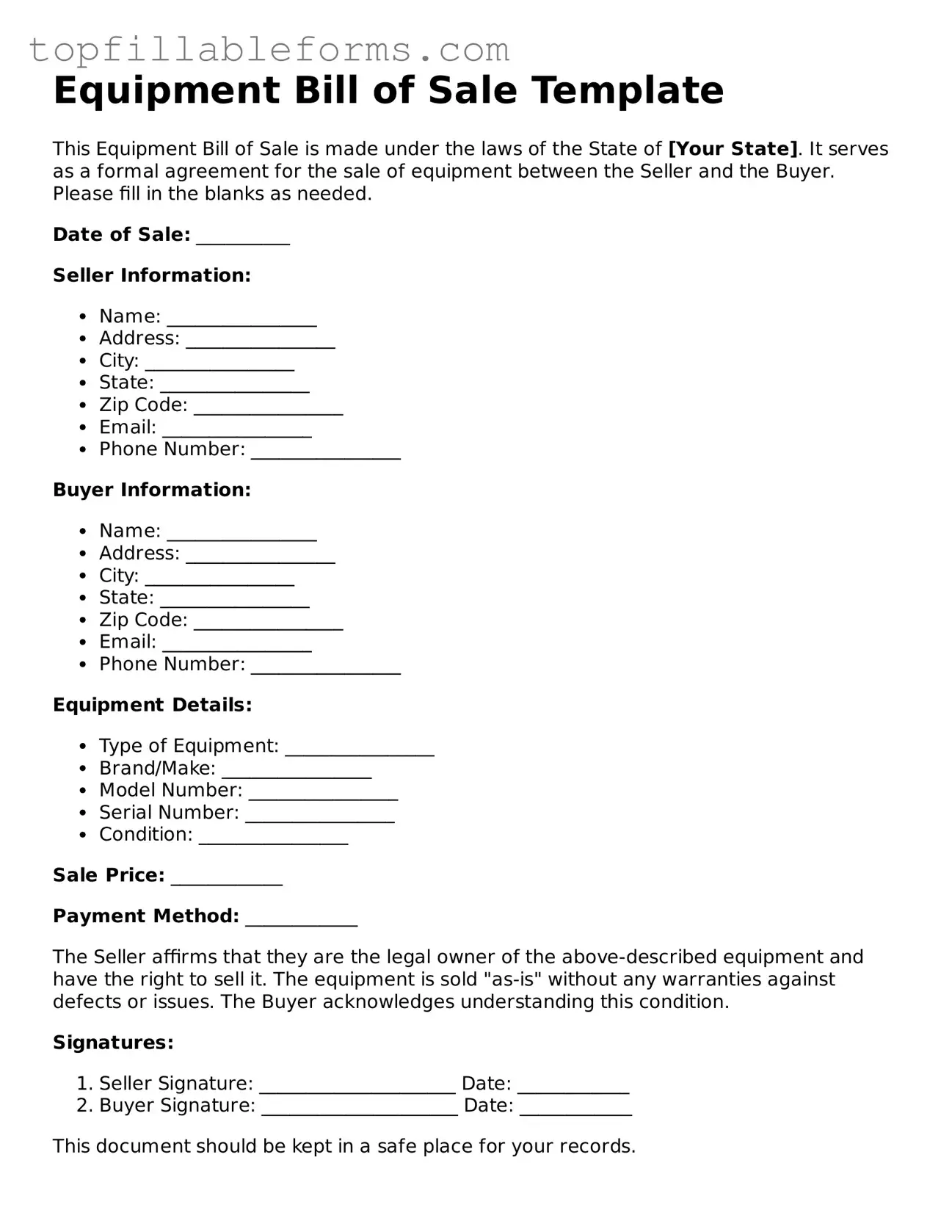 Free Equipment Bill of Sale Form