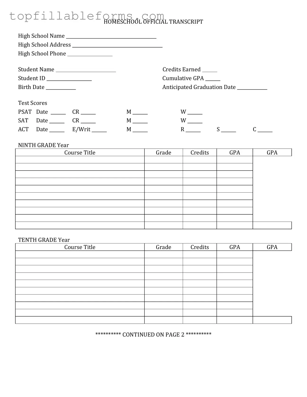 Printable High School Transcript Form in PDF