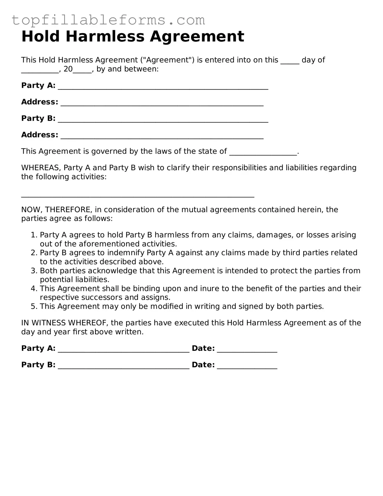 Free Hold Harmless Agreement Form