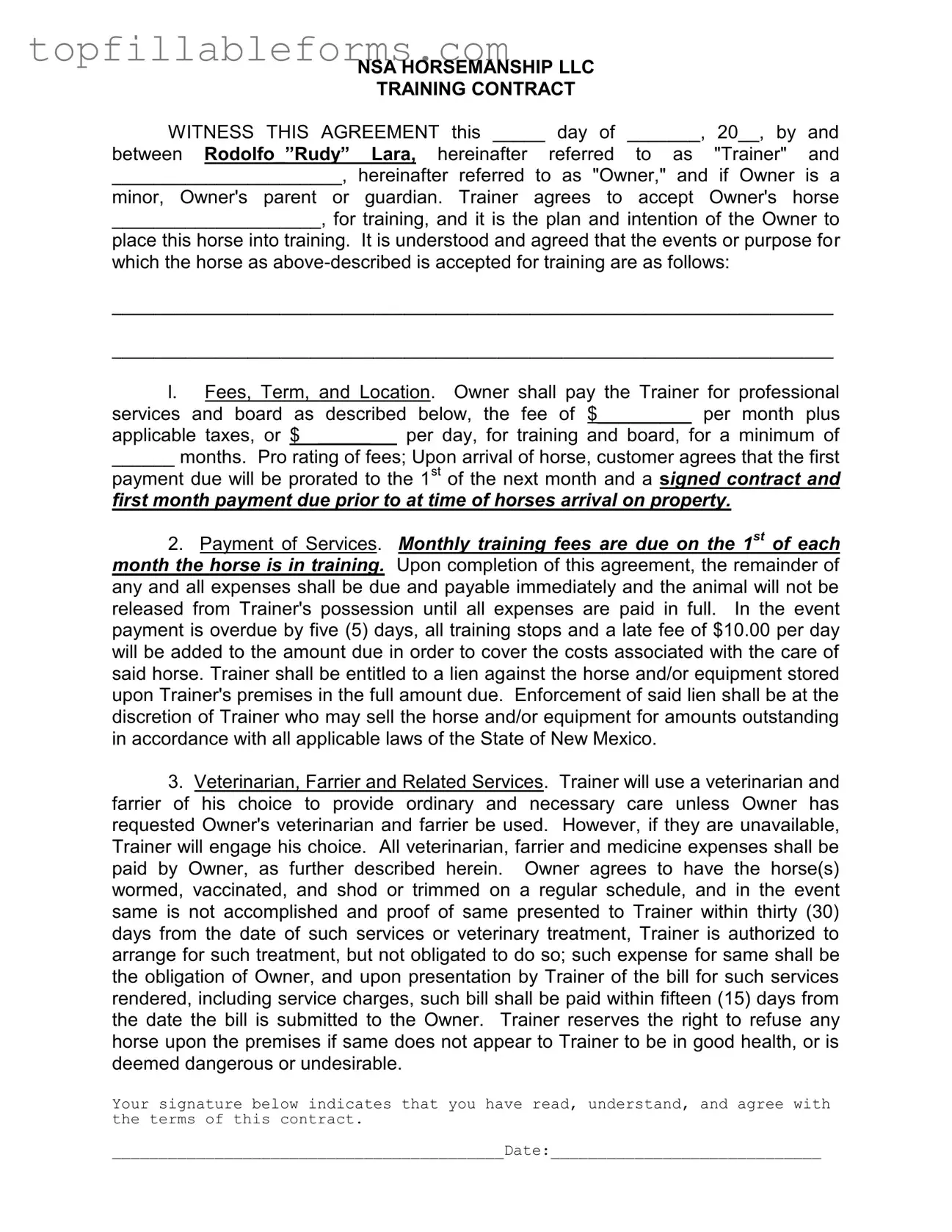 Printable Horse Training Contract Form in PDF