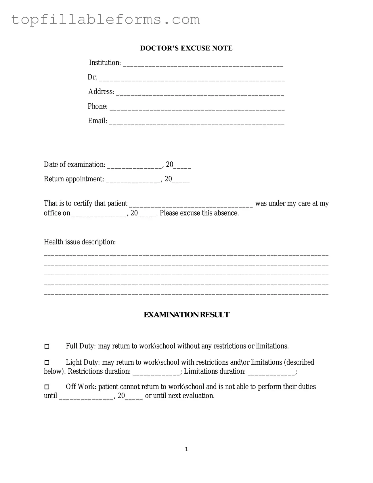 Printable Doctors Excuse Note Form in PDF