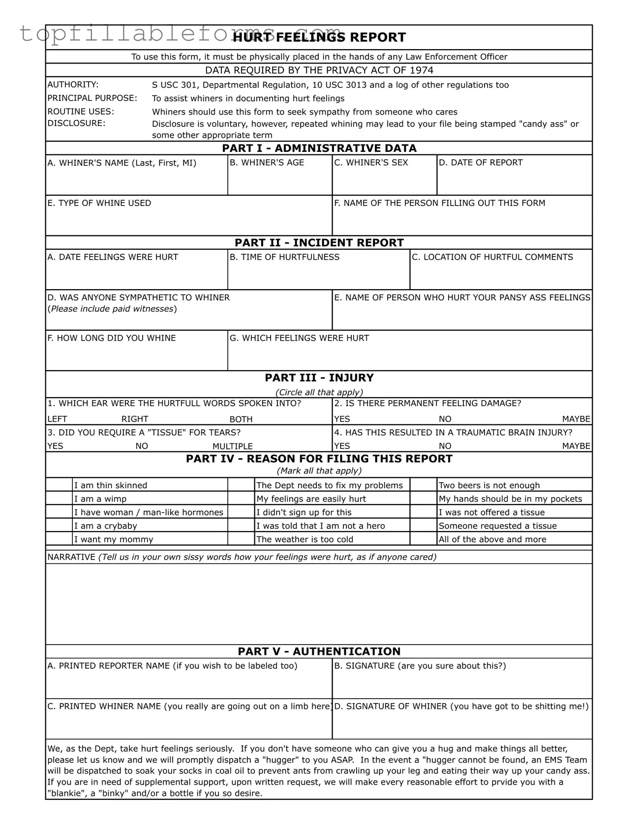 Printable Hurt Feelings Report Form in PDF
