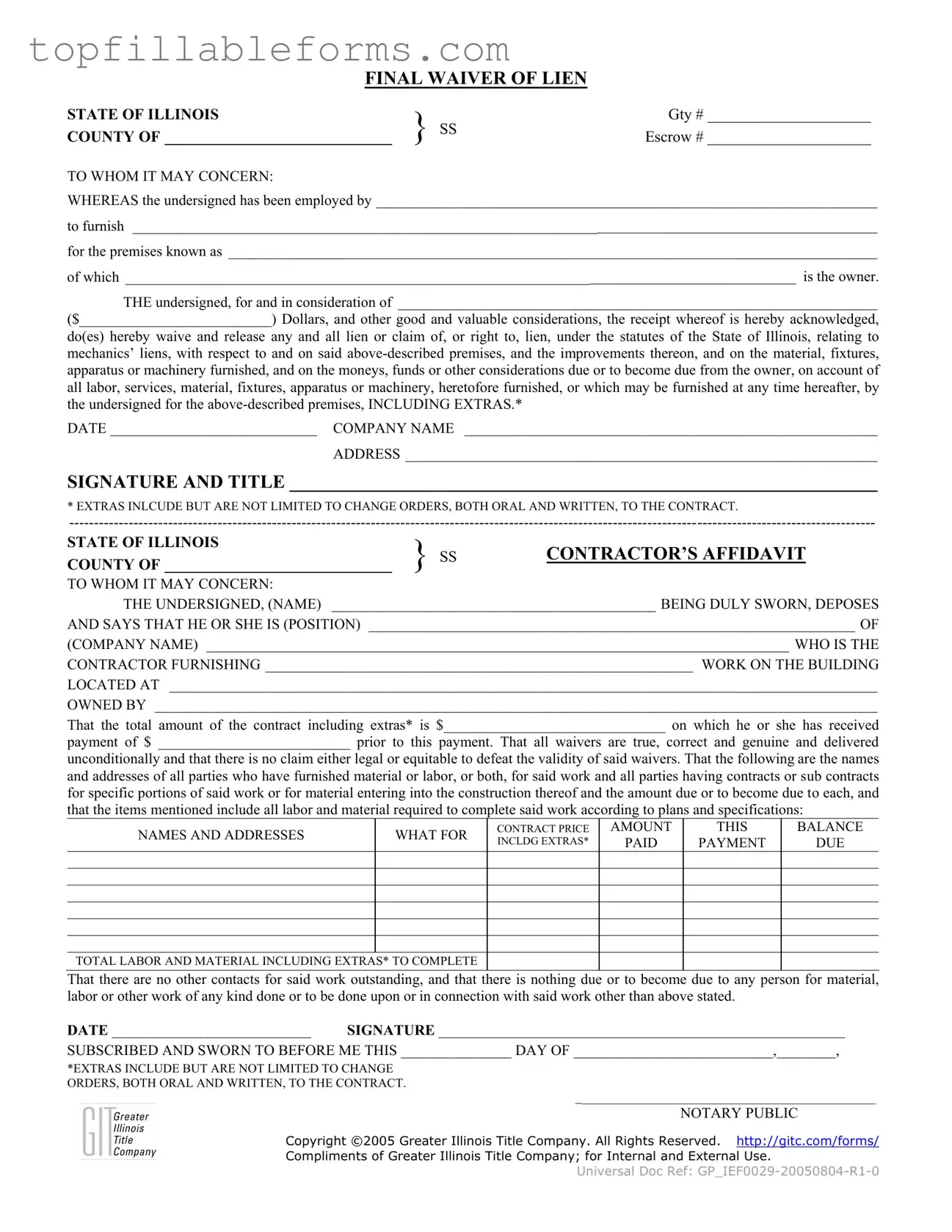 Printable Illinois Final Waiver Of Lien Form in PDF