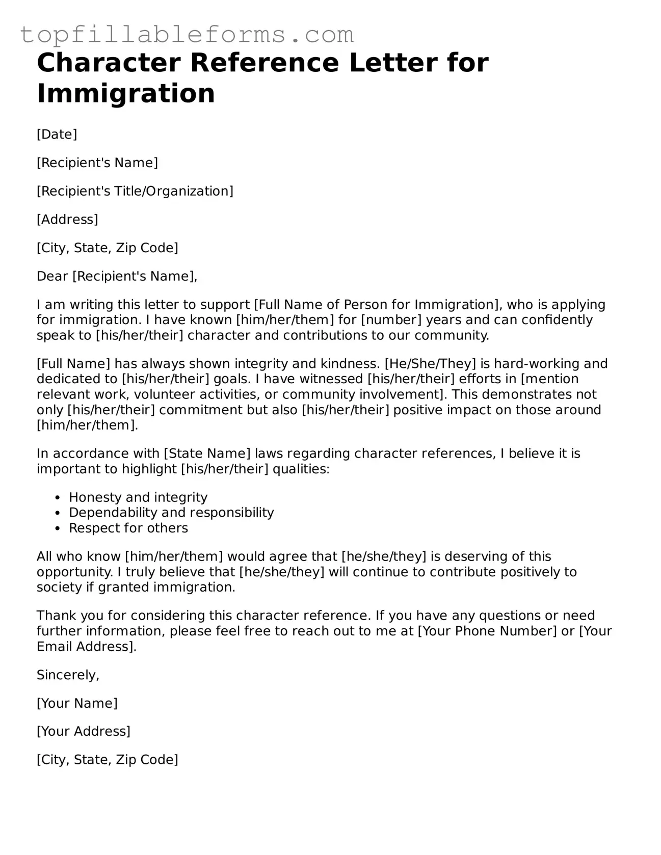 Free Character Reference Letter for Immigration Form