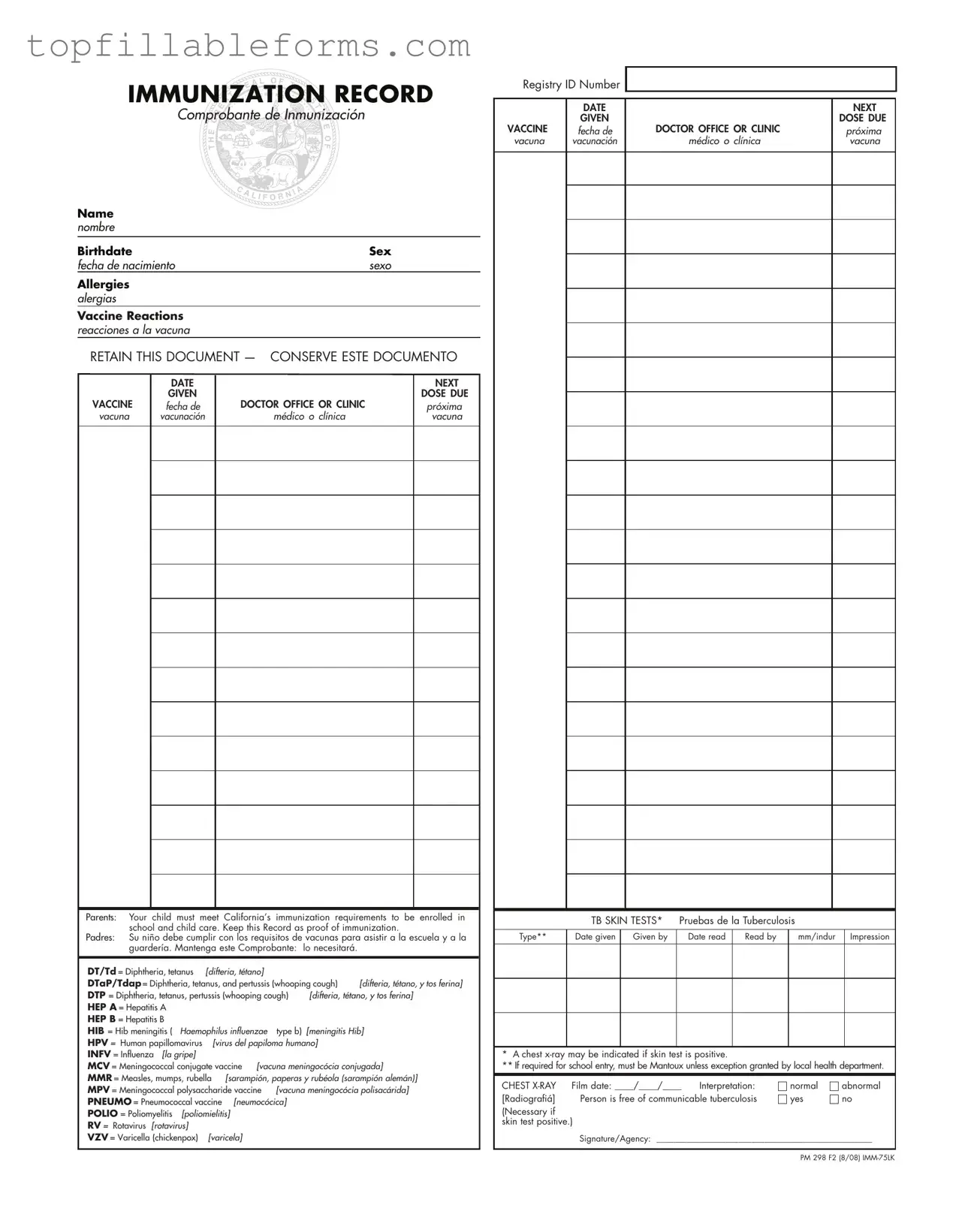 Printable Immunization Record Form in PDF