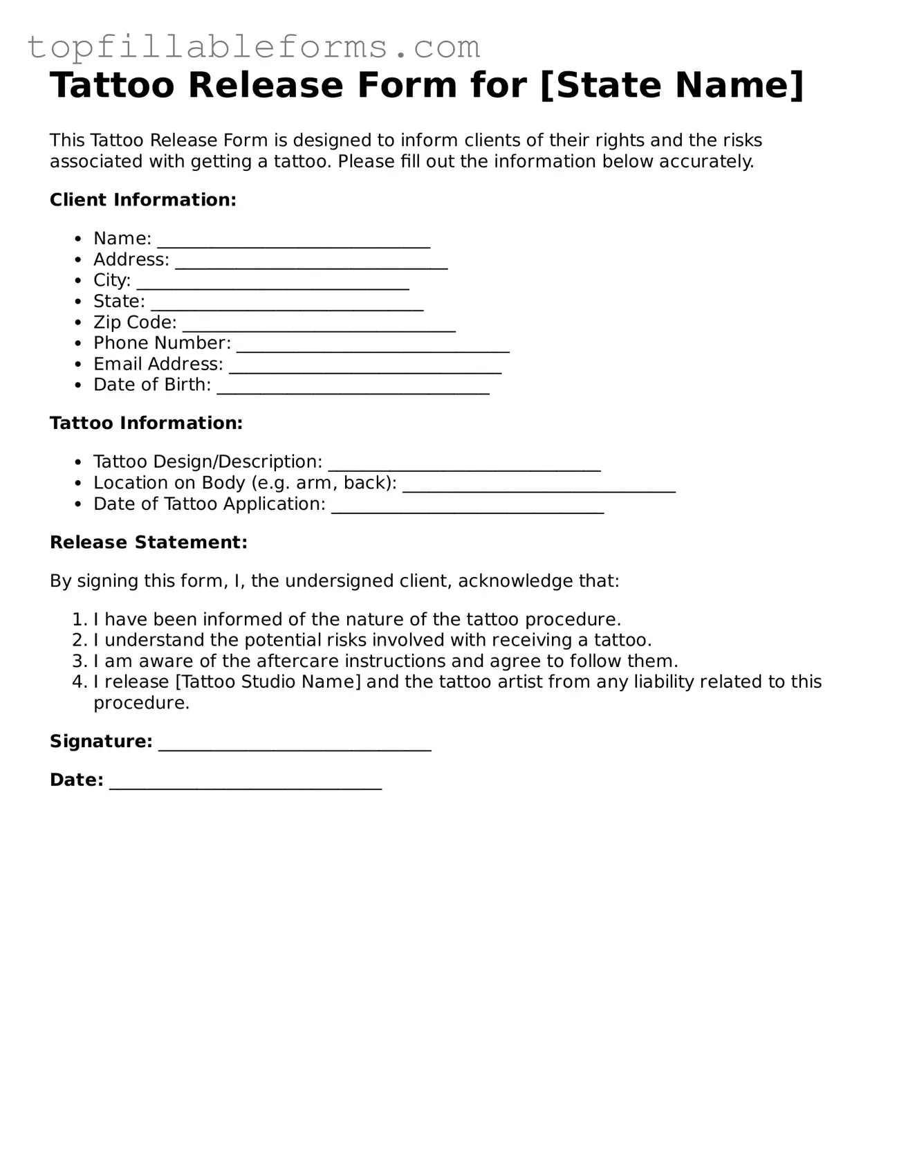 Free Tattoo Release Form