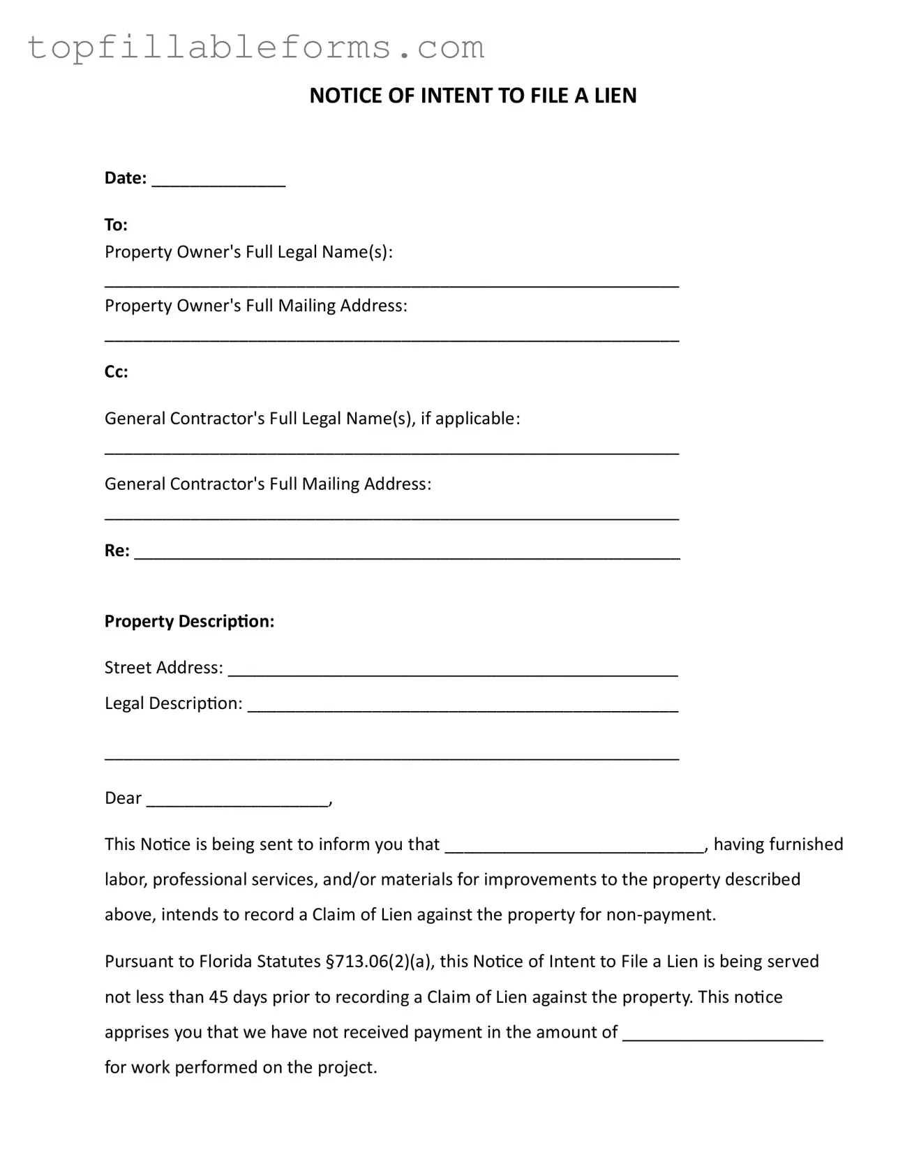 Printable Intent To Lien Florida Form in PDF
