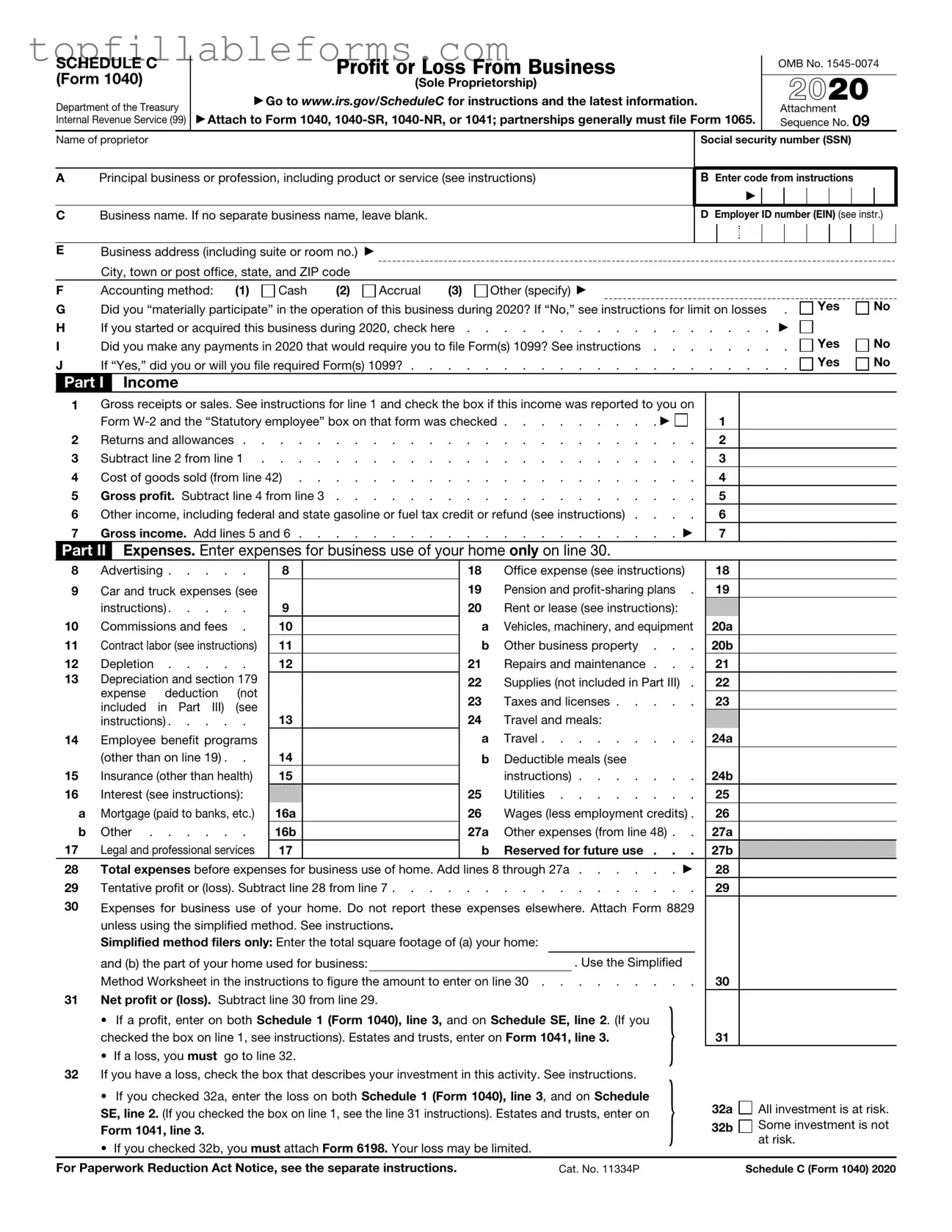 Printable IRS Schedule C 1040 Form in PDF