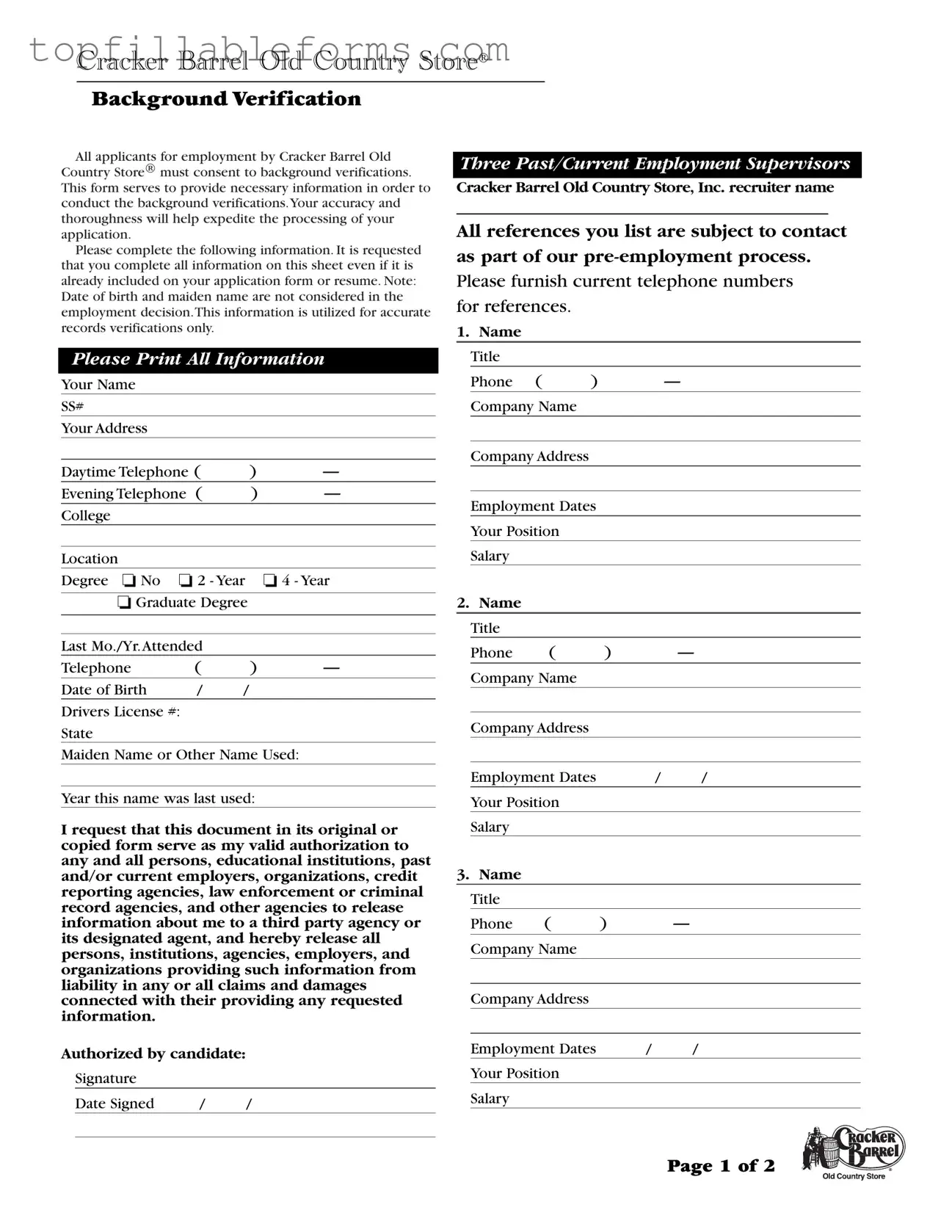 Printable Cracker Barrel Background Check Form in PDF